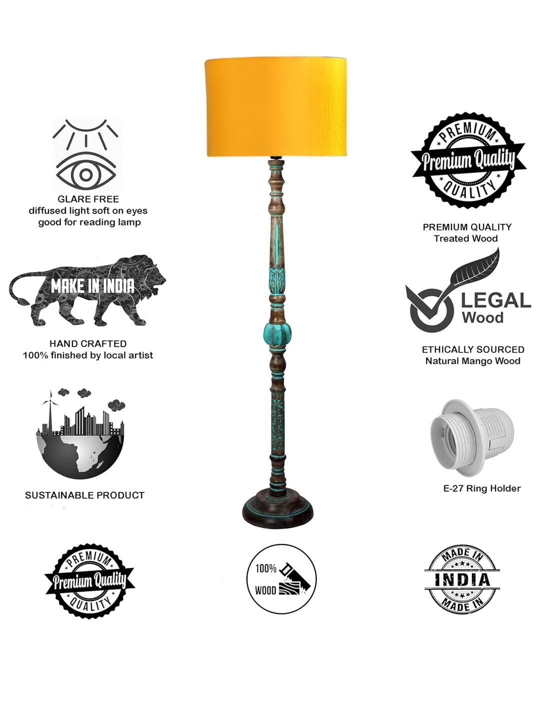 Mid Century Modern Floor Lamp,Hand Turned Floor Lamp Wood for Living Room,Stand Lamp with Fabric Lampshade for Bedroom, Study Room and Office, (Yellow)-C
