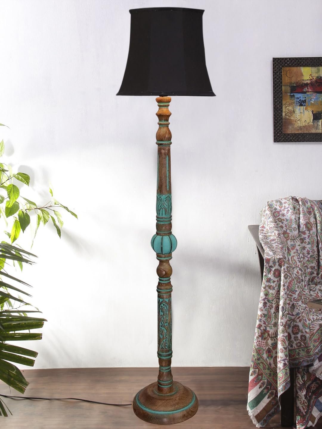 Mid Century Modern Floor Lamp,Hand Turned Floor Lamp Wood for Living Room,Stand Lamp with Fabric Lampshade for Bedroom, Study Room and Office, (Black)-D