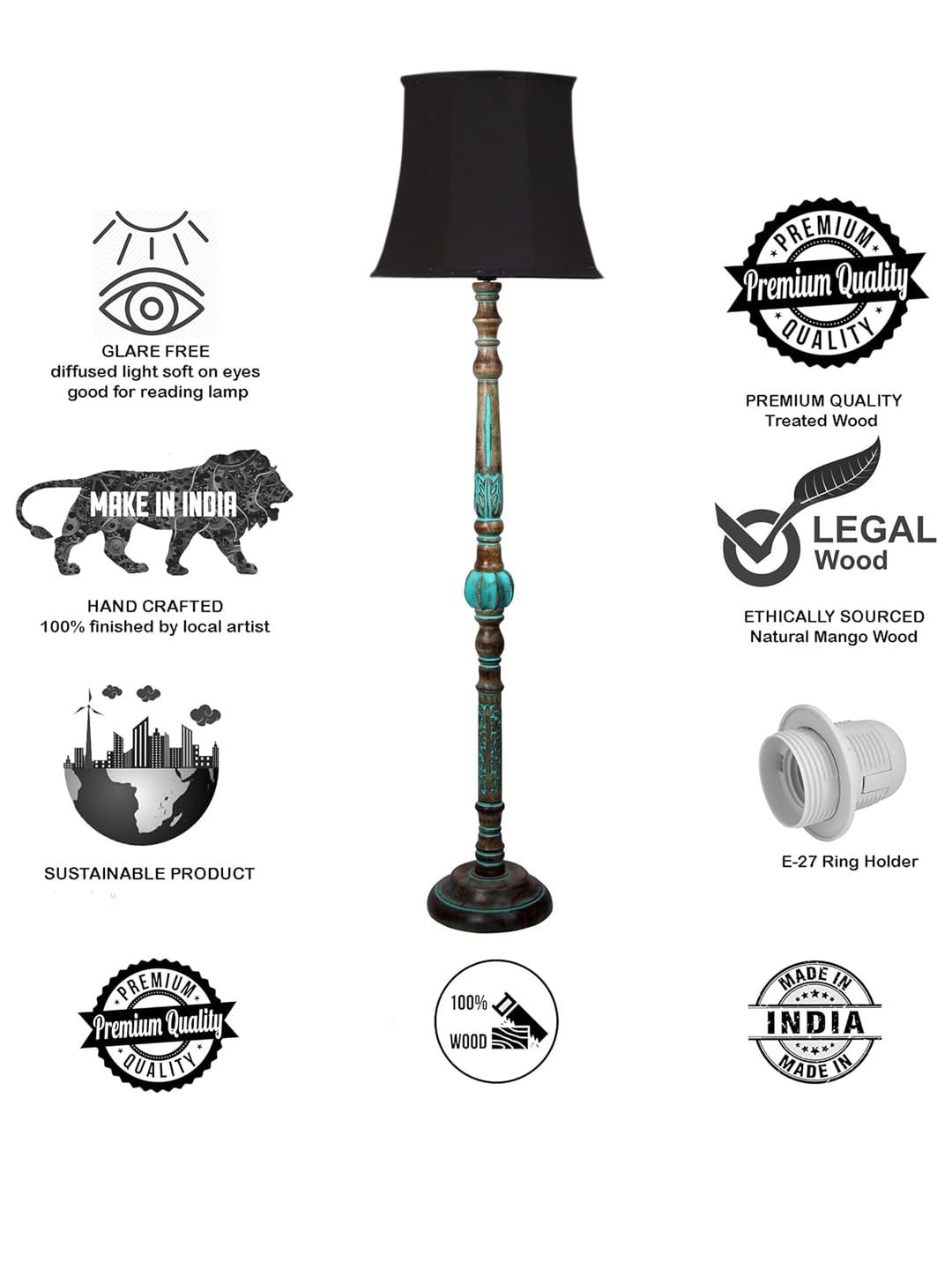 Mid Century Modern Floor Lamp,Hand Turned Floor Lamp Wood for Living Room,Stand Lamp with Fabric Lampshade for Bedroom, Study Room and Office, (Black)-D