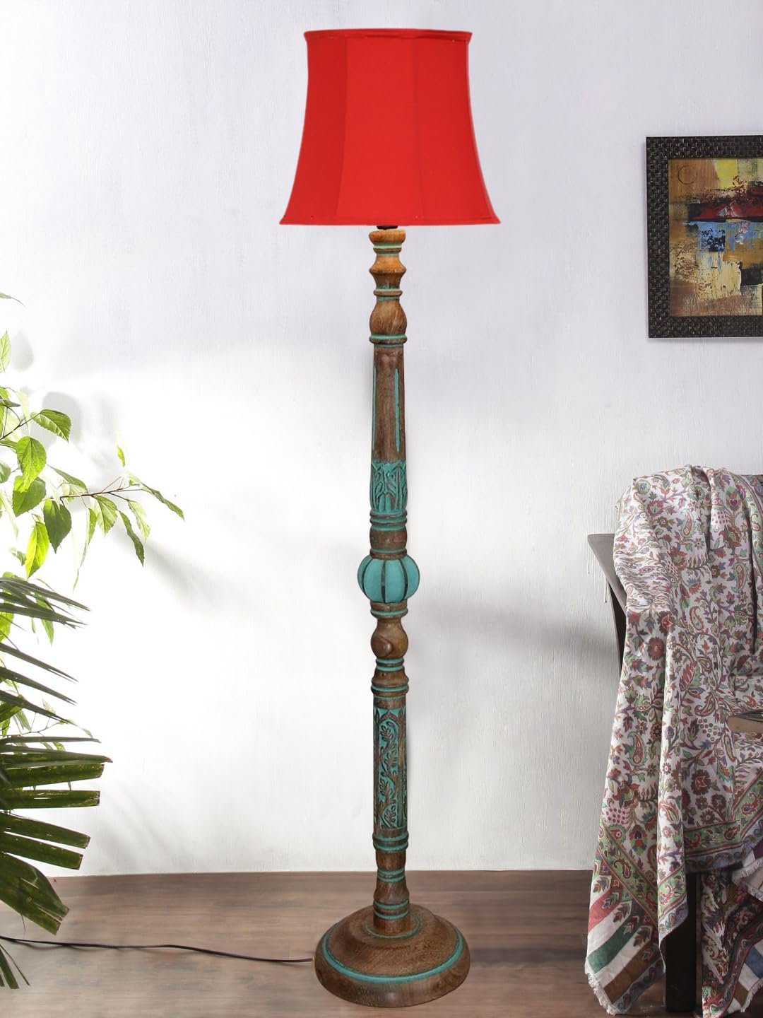 Mid Century Modern Floor Lamp,Hand Turned Floor Lamp Wood for Living Room,Stand Lamp with Fabric Lampshade for Bedroom, Study Room and Office, (Red)-E