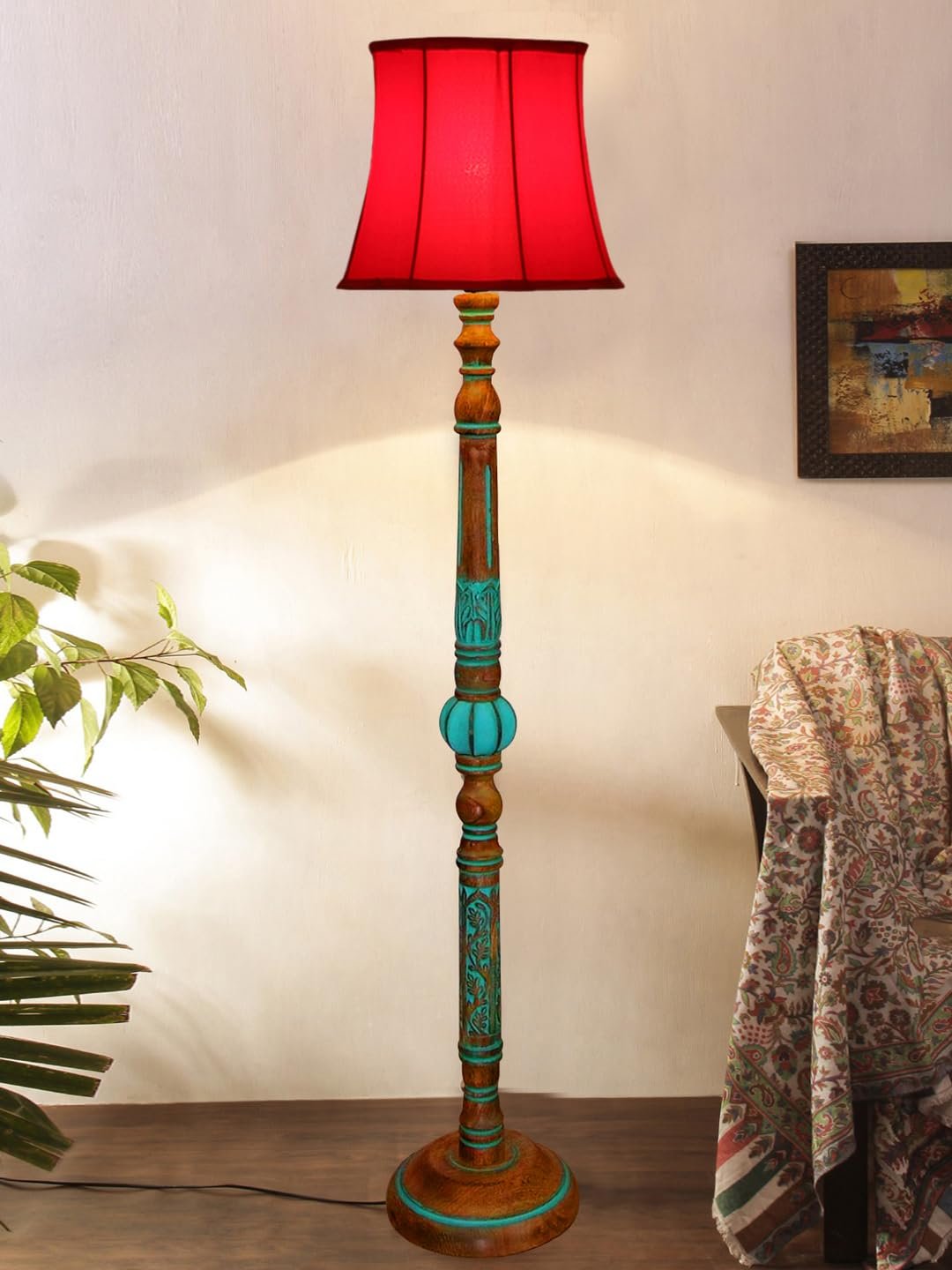 Mid Century Modern Floor Lamp,Hand Turned Floor Lamp Wood for Living Room,Stand Lamp with Fabric Lampshade for Bedroom, Study Room and Office, (Red)-E