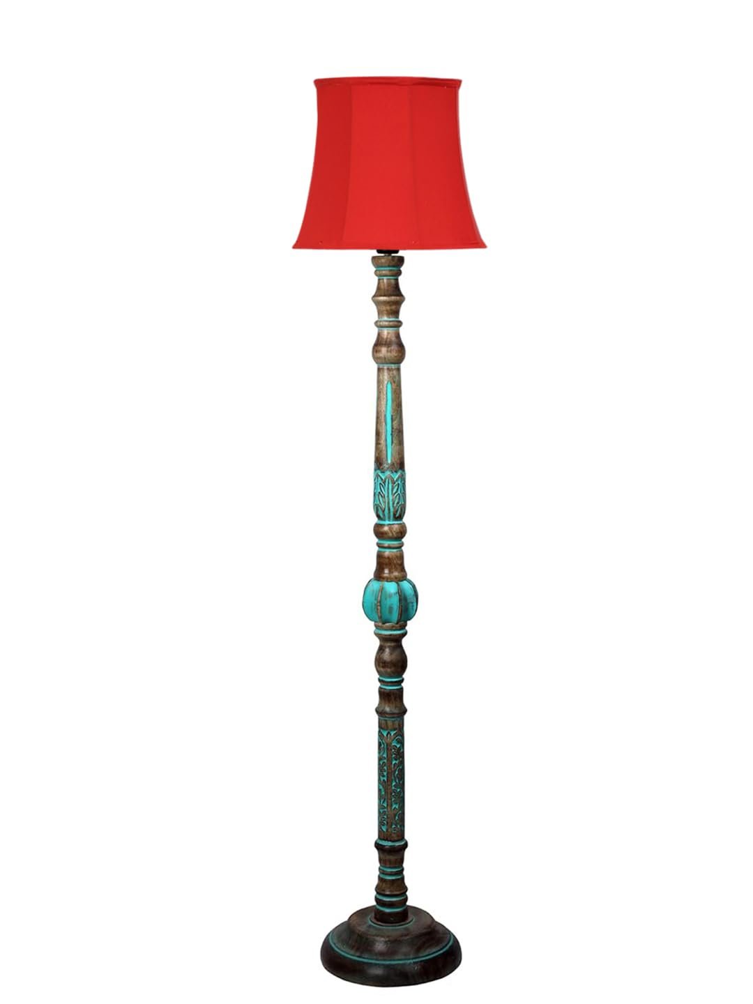 Mid Century Modern Floor Lamp,Hand Turned Floor Lamp Wood for Living Room,Stand Lamp with Fabric Lampshade for Bedroom, Study Room and Office, (Red)-E