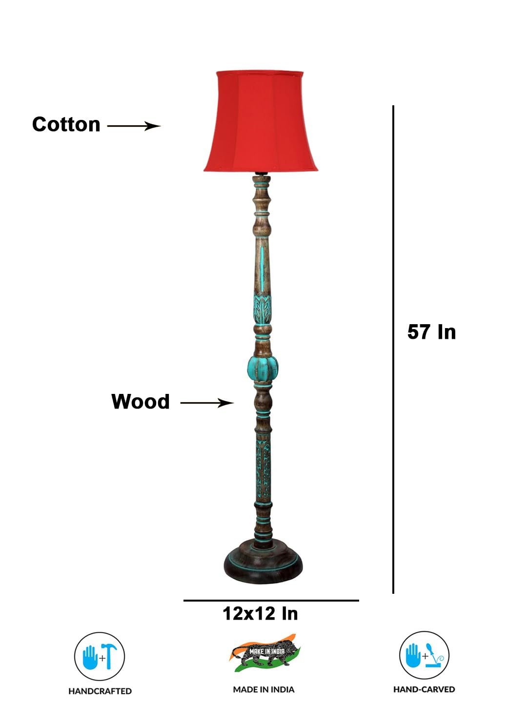 Mid Century Modern Floor Lamp,Hand Turned Floor Lamp Wood for Living Room,Stand Lamp with Fabric Lampshade for Bedroom, Study Room and Office, (Red)-E