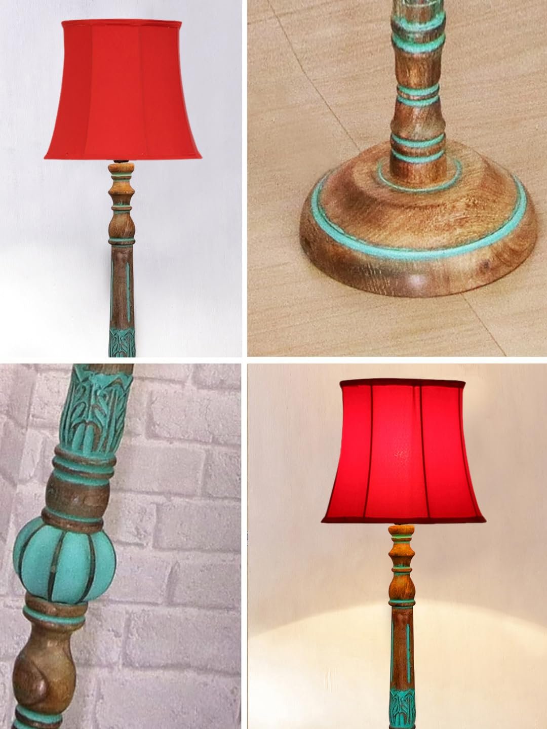 Mid Century Modern Floor Lamp,Hand Turned Floor Lamp Wood for Living Room,Stand Lamp with Fabric Lampshade for Bedroom, Study Room and Office, (Red)-E