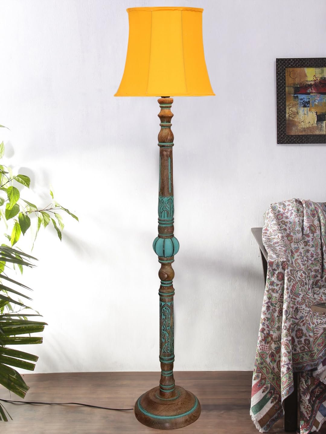 Mid Century Modern Floor Lamp,Hand Turned Floor Lamp Wood for Living Room,Stand Lamp with Fabric Lampshade for Bedroom, Study Room and Office, (Yellow)-f