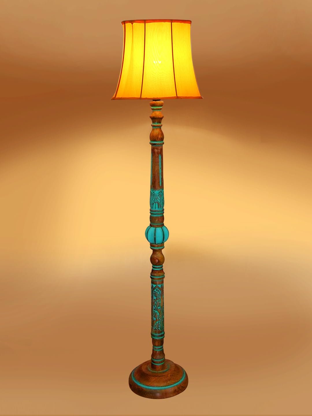 Mid Century Modern Floor Lamp,Hand Turned Floor Lamp Wood for Living Room,Stand Lamp with Fabric Lampshade for Bedroom, Study Room and Office, (Yellow)-f