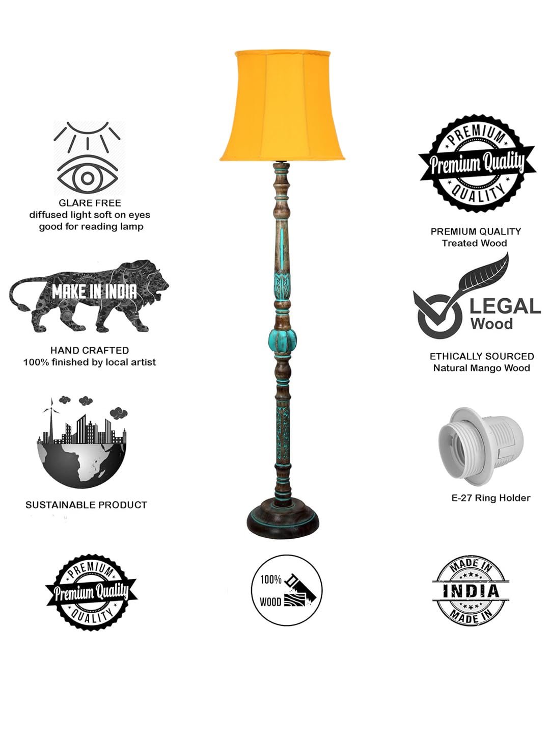 Mid Century Modern Floor Lamp,Hand Turned Floor Lamp Wood for Living Room,Stand Lamp with Fabric Lampshade for Bedroom, Study Room and Office, (Yellow)-f