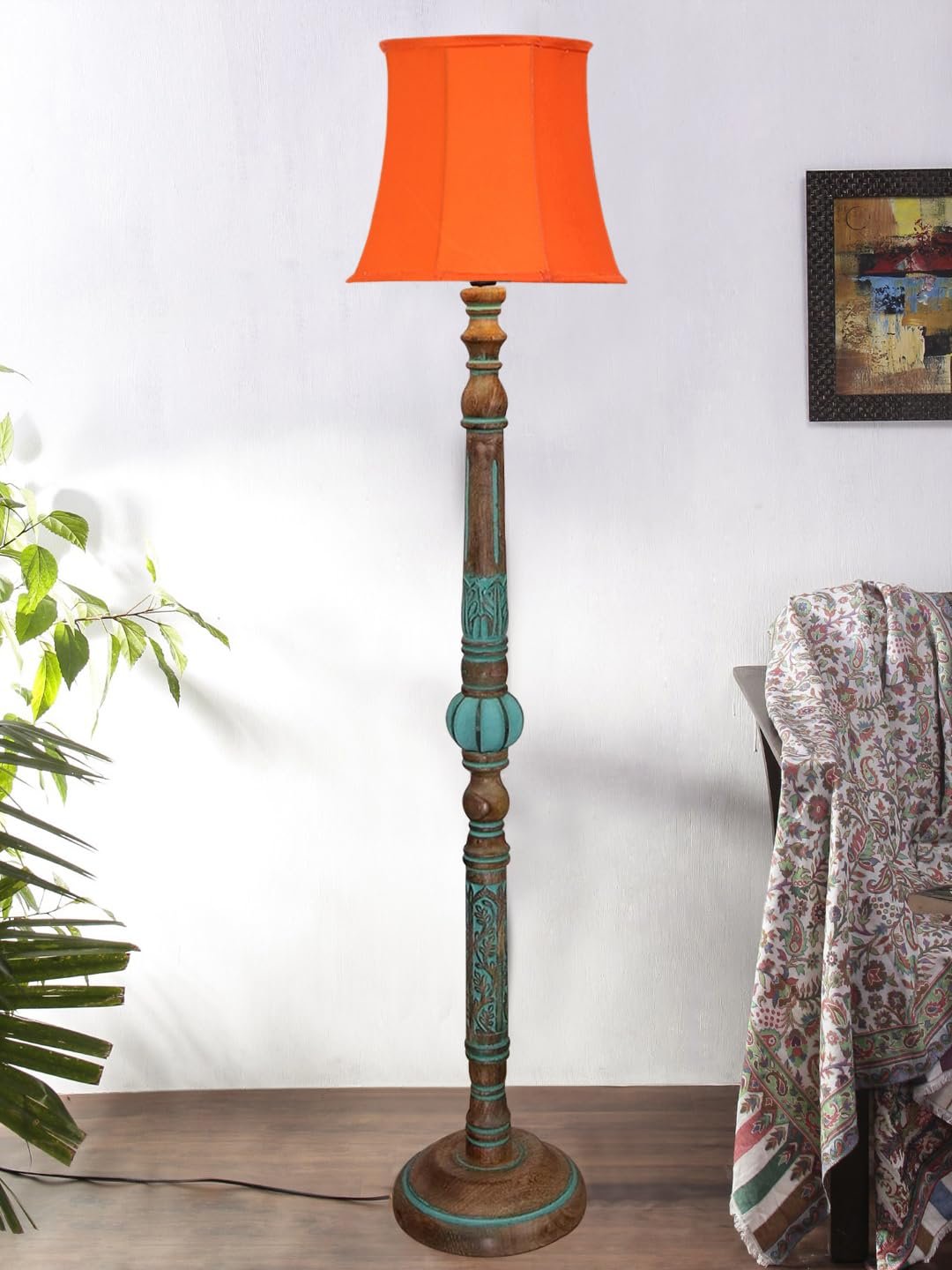 Mid Century Modern Floor Lamp,Hand Turned Floor Lamp Wood for Living Room,Stand Lamp with Fabric Lampshade for Bedroom, Study Room and Office, (Orange)-G