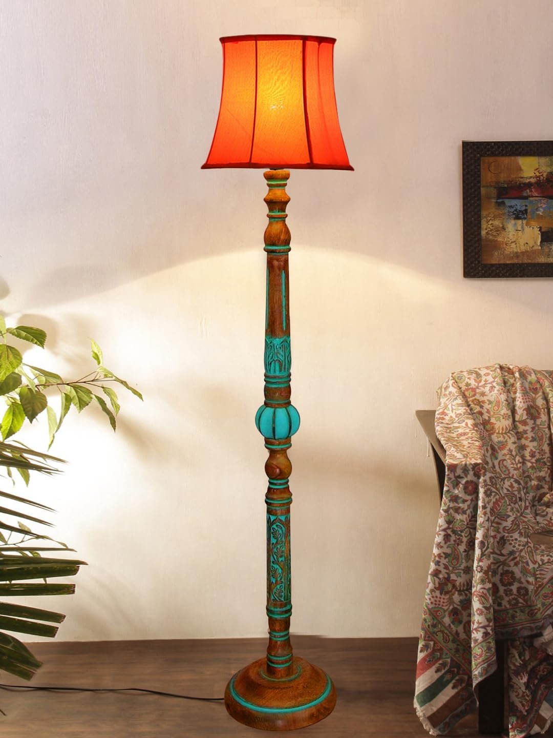 Mid Century Modern Floor Lamp,Hand Turned Floor Lamp Wood for Living Room,Stand Lamp with Fabric Lampshade for Bedroom, Study Room and Office, (Orange)-G
