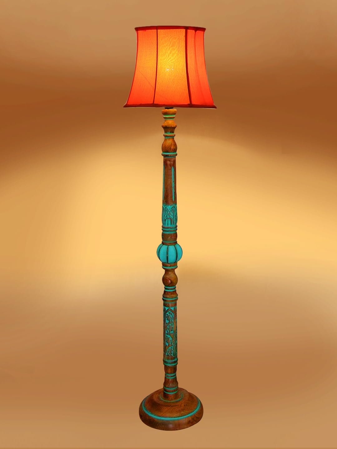 Mid Century Modern Floor Lamp,Hand Turned Floor Lamp Wood for Living Room,Stand Lamp with Fabric Lampshade for Bedroom, Study Room and Office, (Orange)-G
