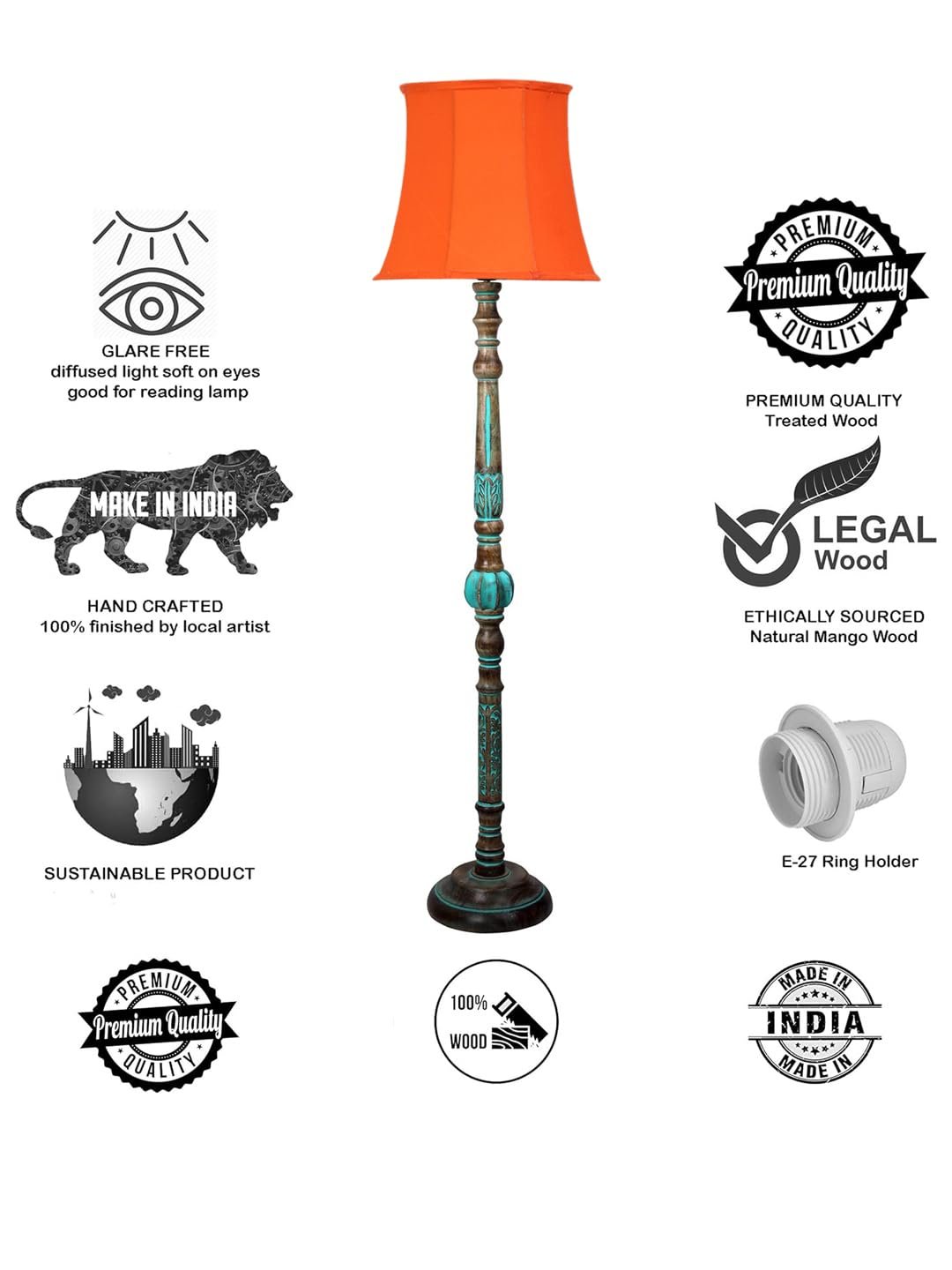 Mid Century Modern Floor Lamp,Hand Turned Floor Lamp Wood for Living Room,Stand Lamp with Fabric Lampshade for Bedroom, Study Room and Office, (Orange)-G