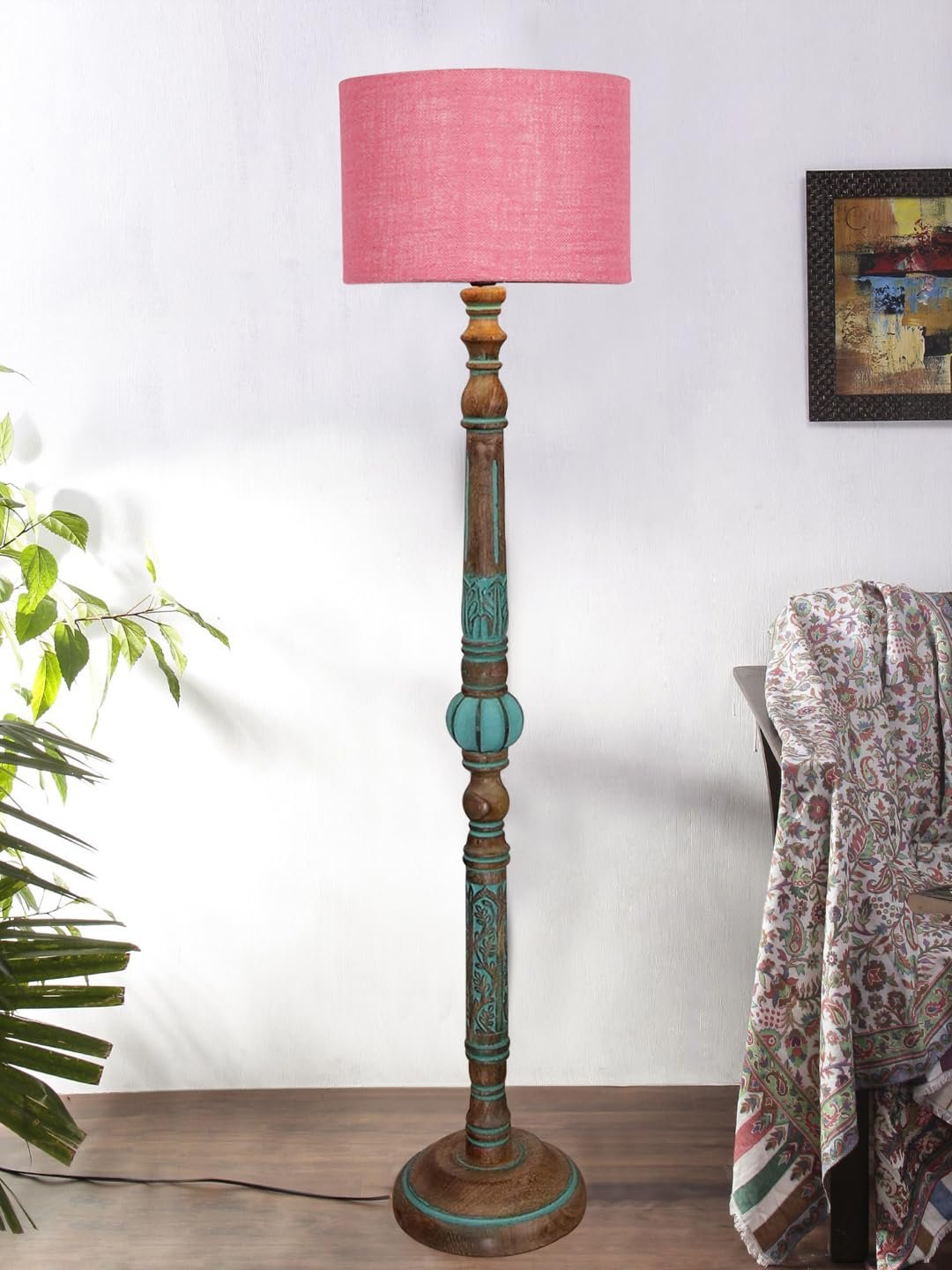 Mid Century Modern Floor Lamp,Hand Turned Floor Lamp Wood for Living Room,Stand Lamp with Fabric Lampshade for Bedroom, Study Room and Office, (Pink)-Jute