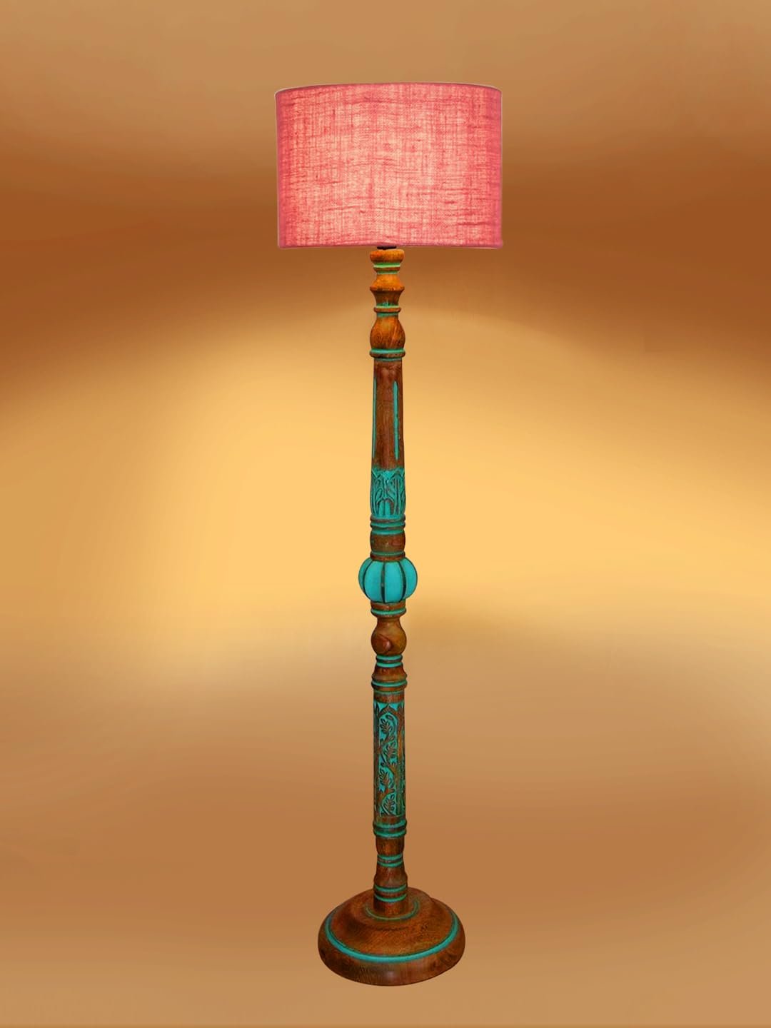 Mid Century Modern Floor Lamp,Hand Turned Floor Lamp Wood for Living Room,Stand Lamp with Fabric Lampshade for Bedroom, Study Room and Office, (Pink)-Jute