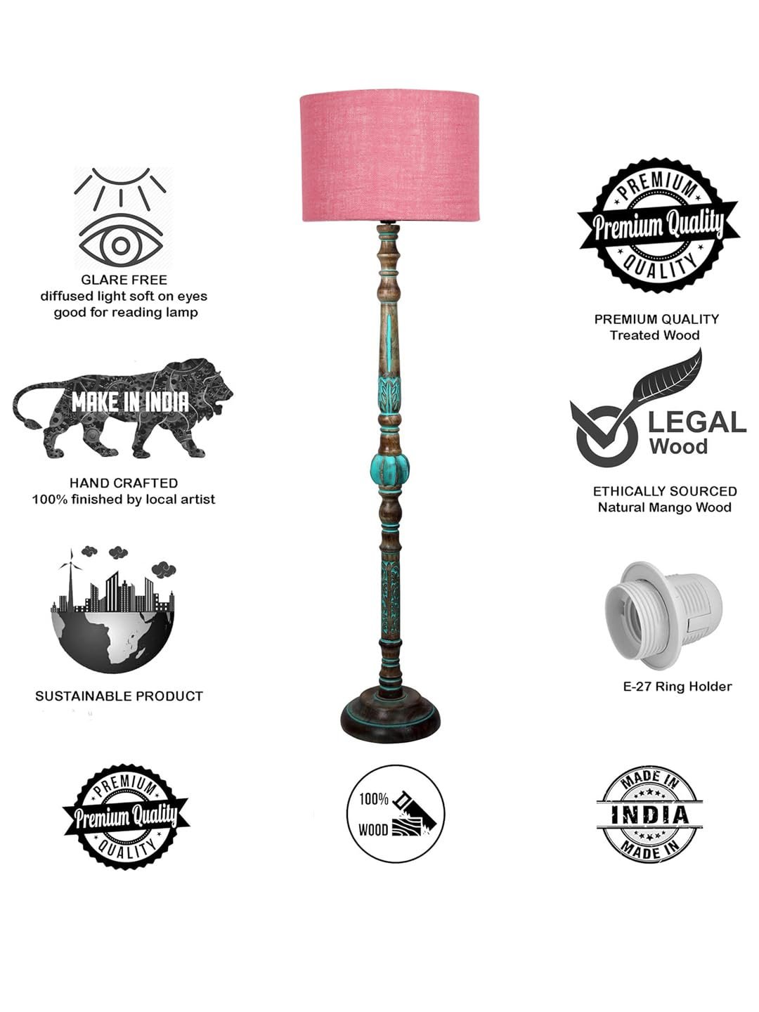 Mid Century Modern Floor Lamp,Hand Turned Floor Lamp Wood for Living Room,Stand Lamp with Fabric Lampshade for Bedroom, Study Room and Office, (Pink)-Jute