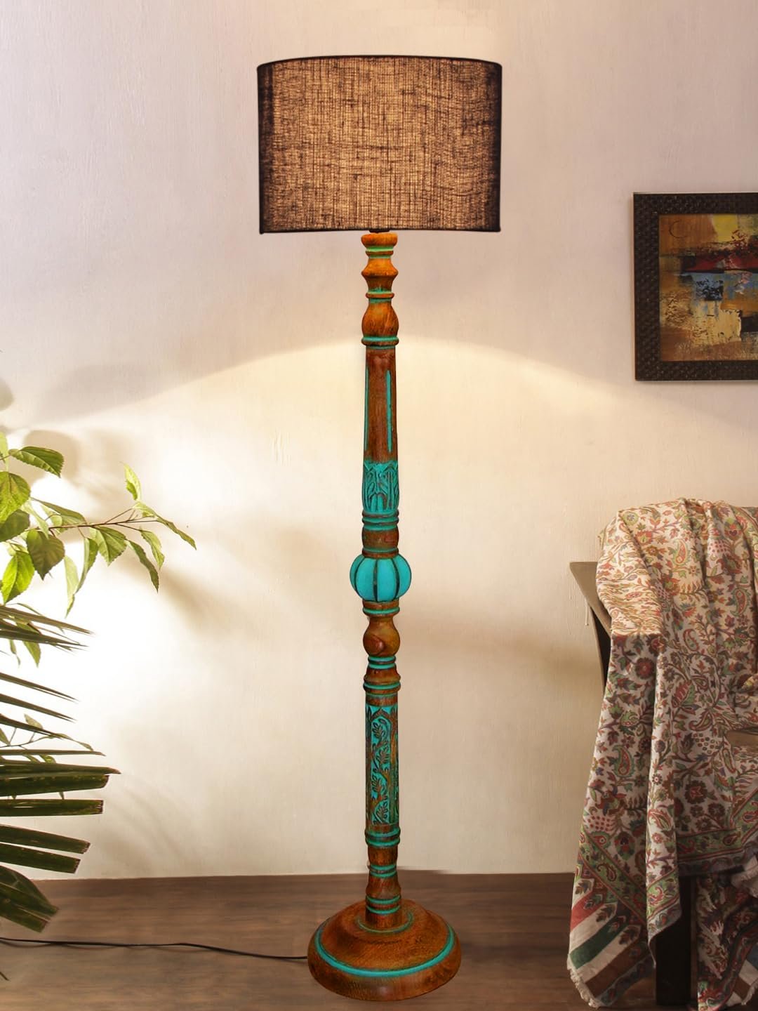 Mid Century Modern Floor Lamp,Hand Turned Floor Lamp Wood for Living Room,Stand Lamp with Fabric Lampshade for Bedroom, Study Room and Office, (Blue)-Jute