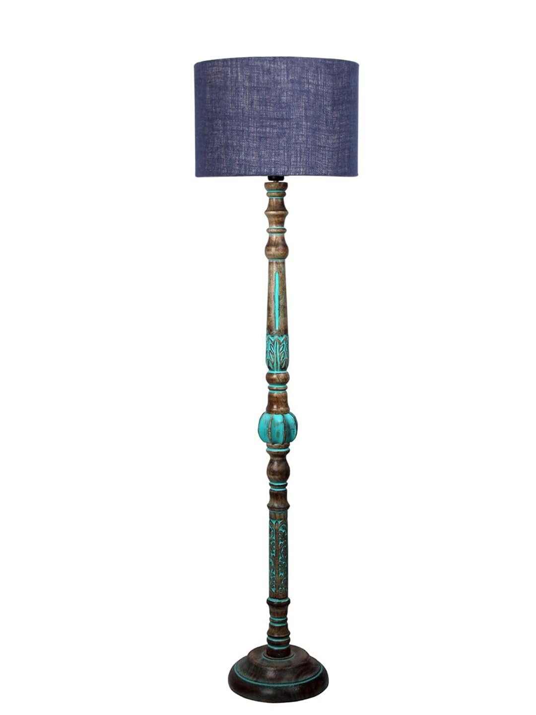 Mid Century Modern Floor Lamp,Hand Turned Floor Lamp Wood for Living Room,Stand Lamp with Fabric Lampshade for Bedroom, Study Room and Office, (Blue)-Jute
