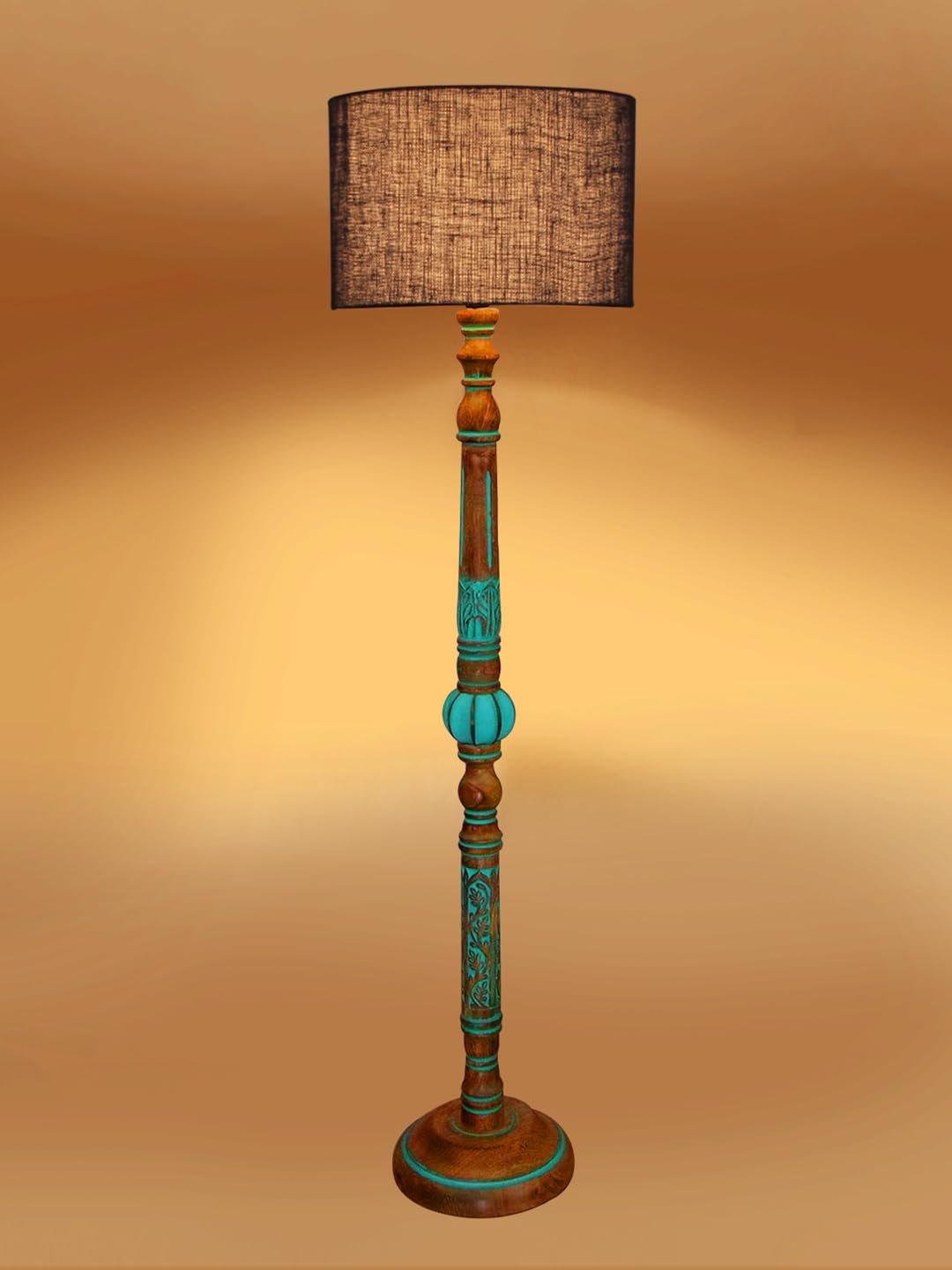 Mid Century Modern Floor Lamp,Hand Turned Floor Lamp Wood for Living Room,Stand Lamp with Fabric Lampshade for Bedroom, Study Room and Office, (Blue)-Jute