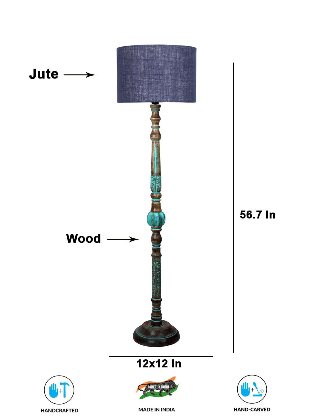 Mid Century Modern Floor Lamp,Hand Turned Floor Lamp Wood for Living Room,Stand Lamp with Fabric Lampshade for Bedroom, Study Room and Office, (Blue)-Jute