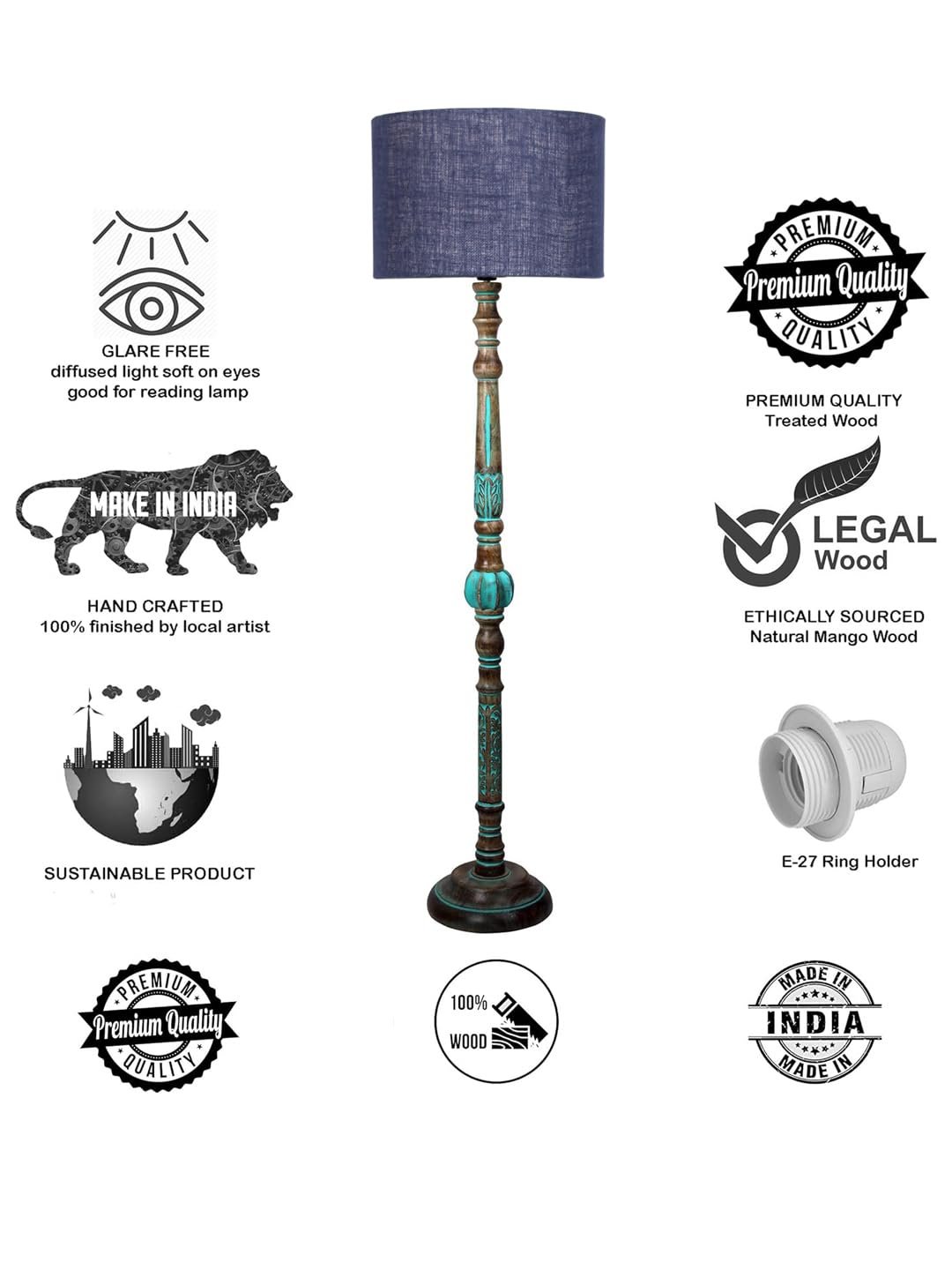 Mid Century Modern Floor Lamp,Hand Turned Floor Lamp Wood for Living Room,Stand Lamp with Fabric Lampshade for Bedroom, Study Room and Office, (Blue)-Jute