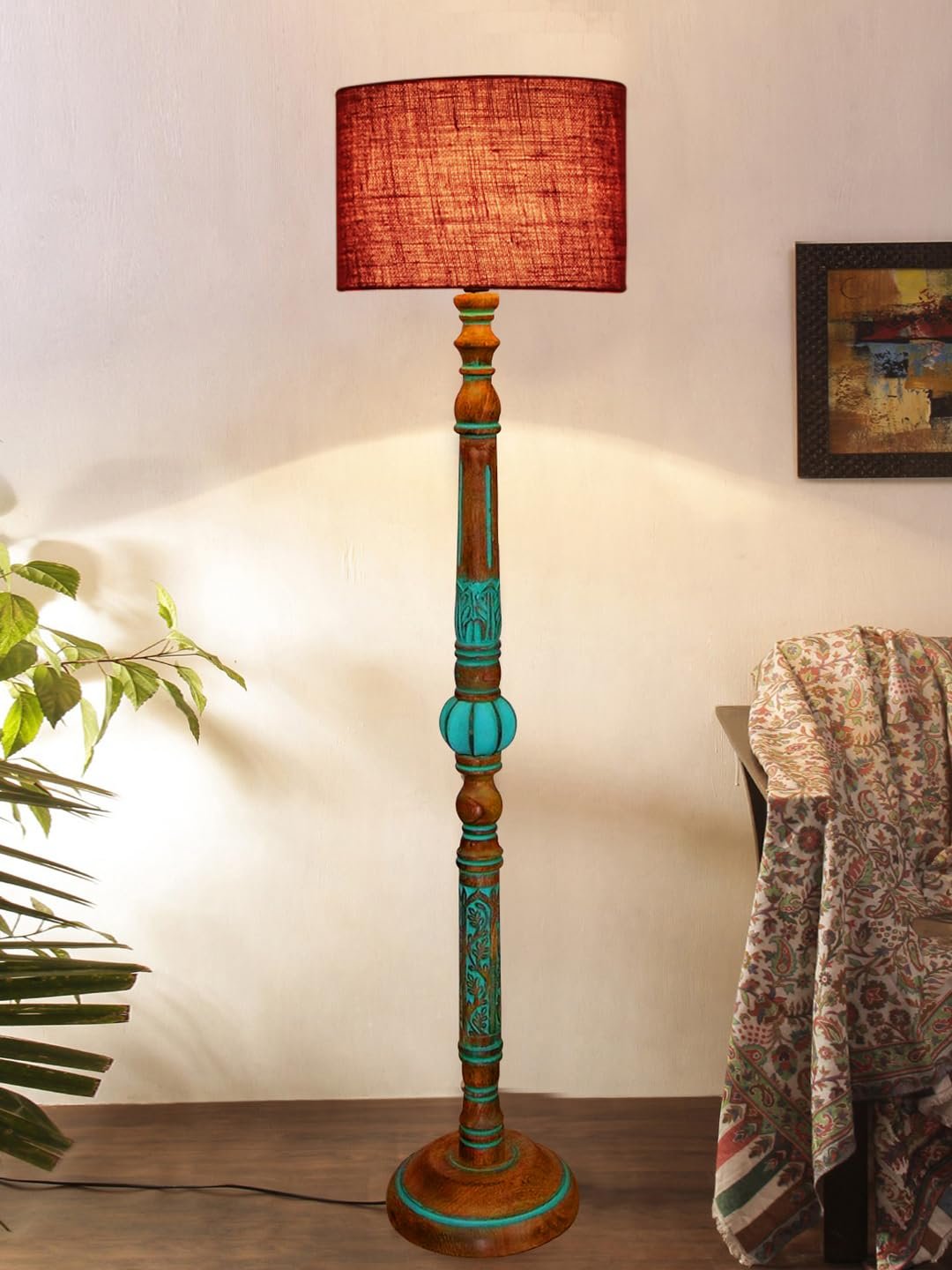 Mid Century Modern Floor Lamp,Hand Turned Floor Lamp Wood for Living Room,Stand Lamp with Fabric Lampshade for Bedroom, Study Room and Office, (Maroon)-Jute