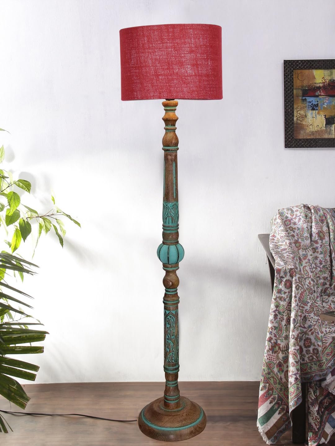 Mid Century Modern Floor Lamp,Hand Turned Floor Lamp Wood for Living Room,Stand Lamp with Fabric Lampshade for Bedroom, Study Room and Office, (Maroon)-Jute