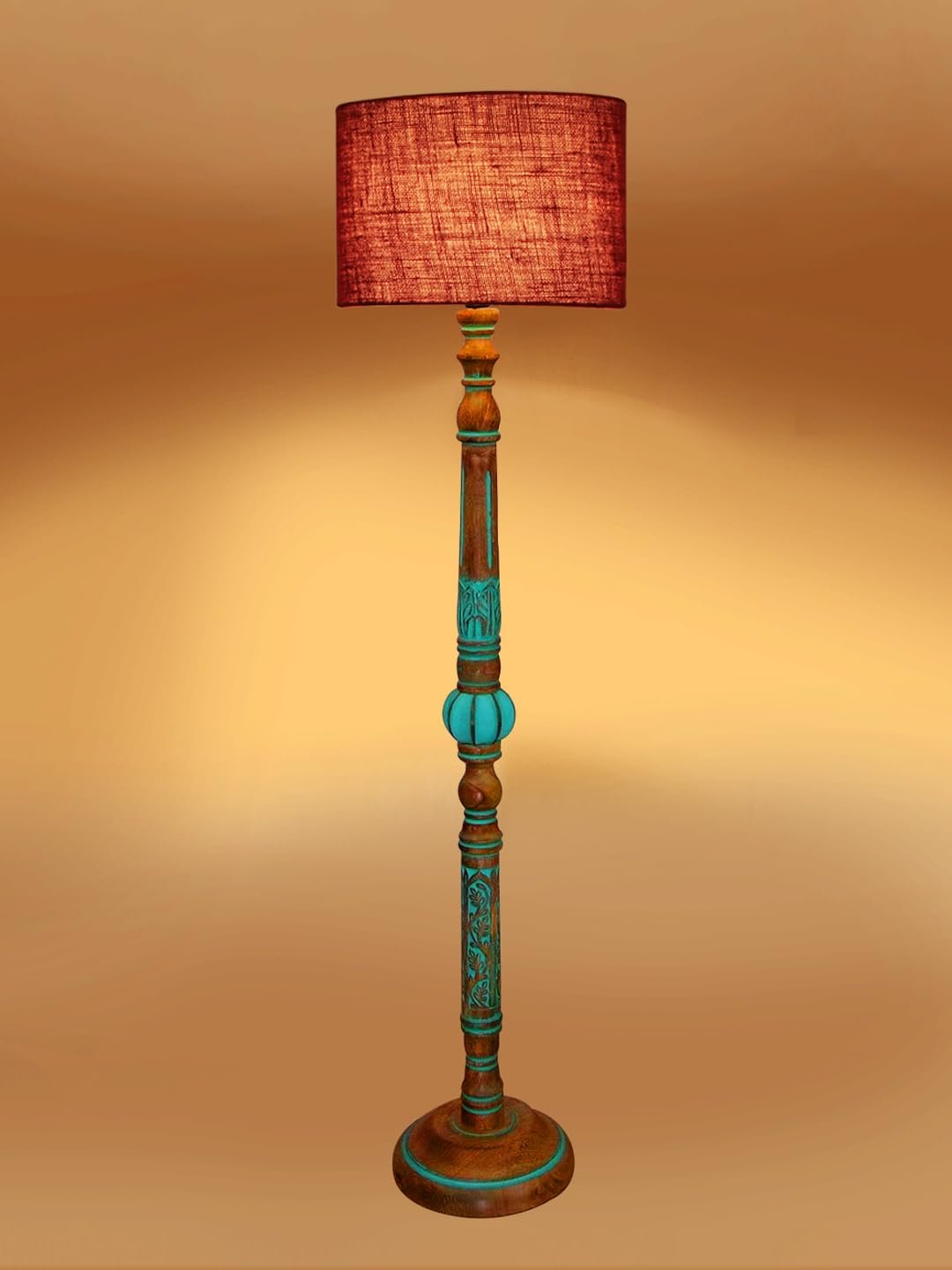 Mid Century Modern Floor Lamp,Hand Turned Floor Lamp Wood for Living Room,Stand Lamp with Fabric Lampshade for Bedroom, Study Room and Office, (Maroon)-Jute