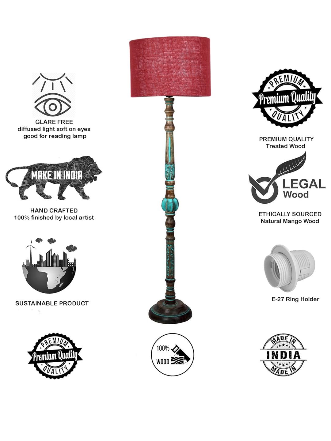 Mid Century Modern Floor Lamp,Hand Turned Floor Lamp Wood for Living Room,Stand Lamp with Fabric Lampshade for Bedroom, Study Room and Office, (Maroon)-Jute