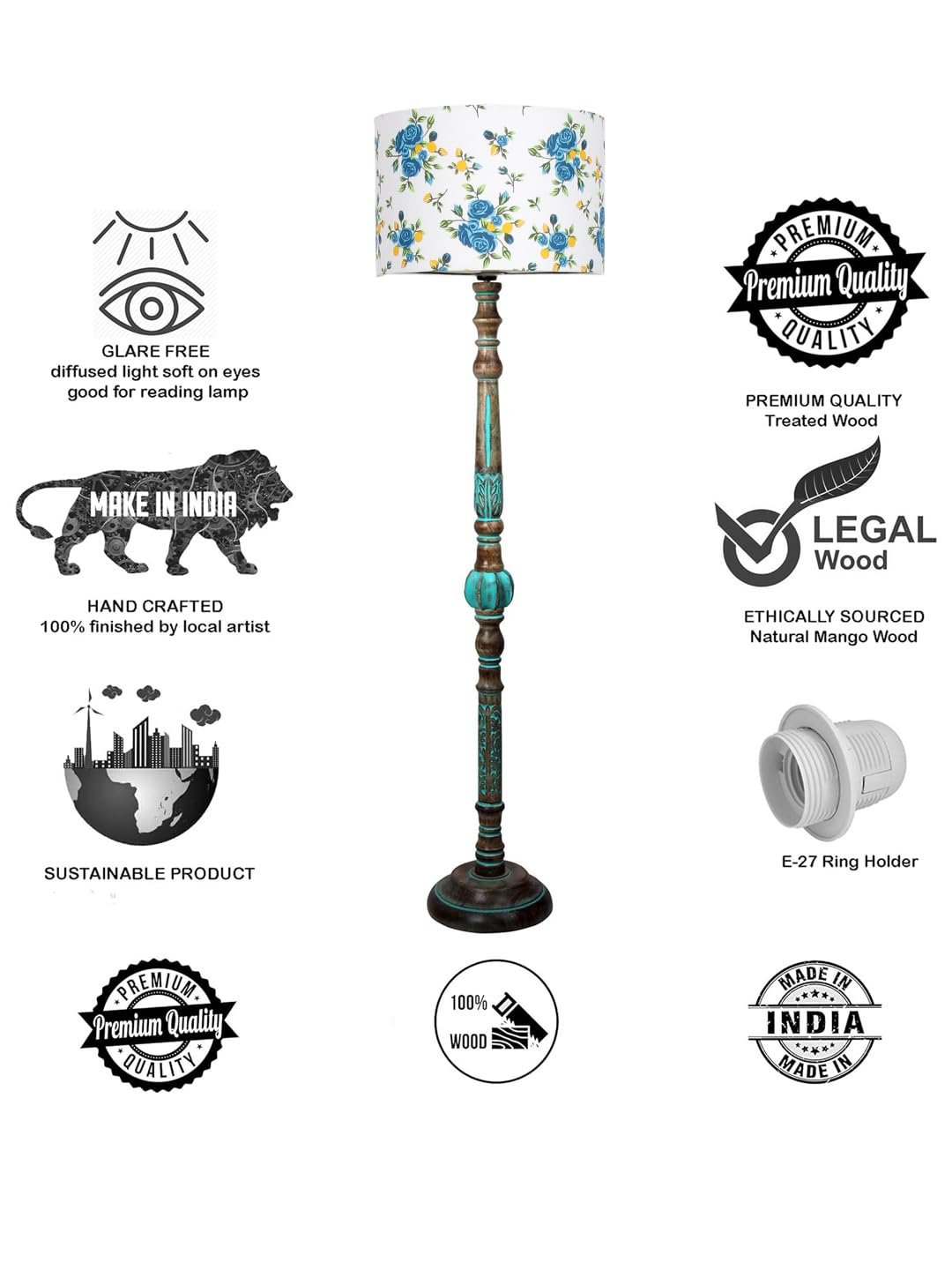 Mid Century Modern Floor Lamp,Hand Turned Floor Lamp Wood for Living Room,Stand Lamp with Fabric Lampshade for Bedroom, Study Room and Office, (Multi)-Printed-AA