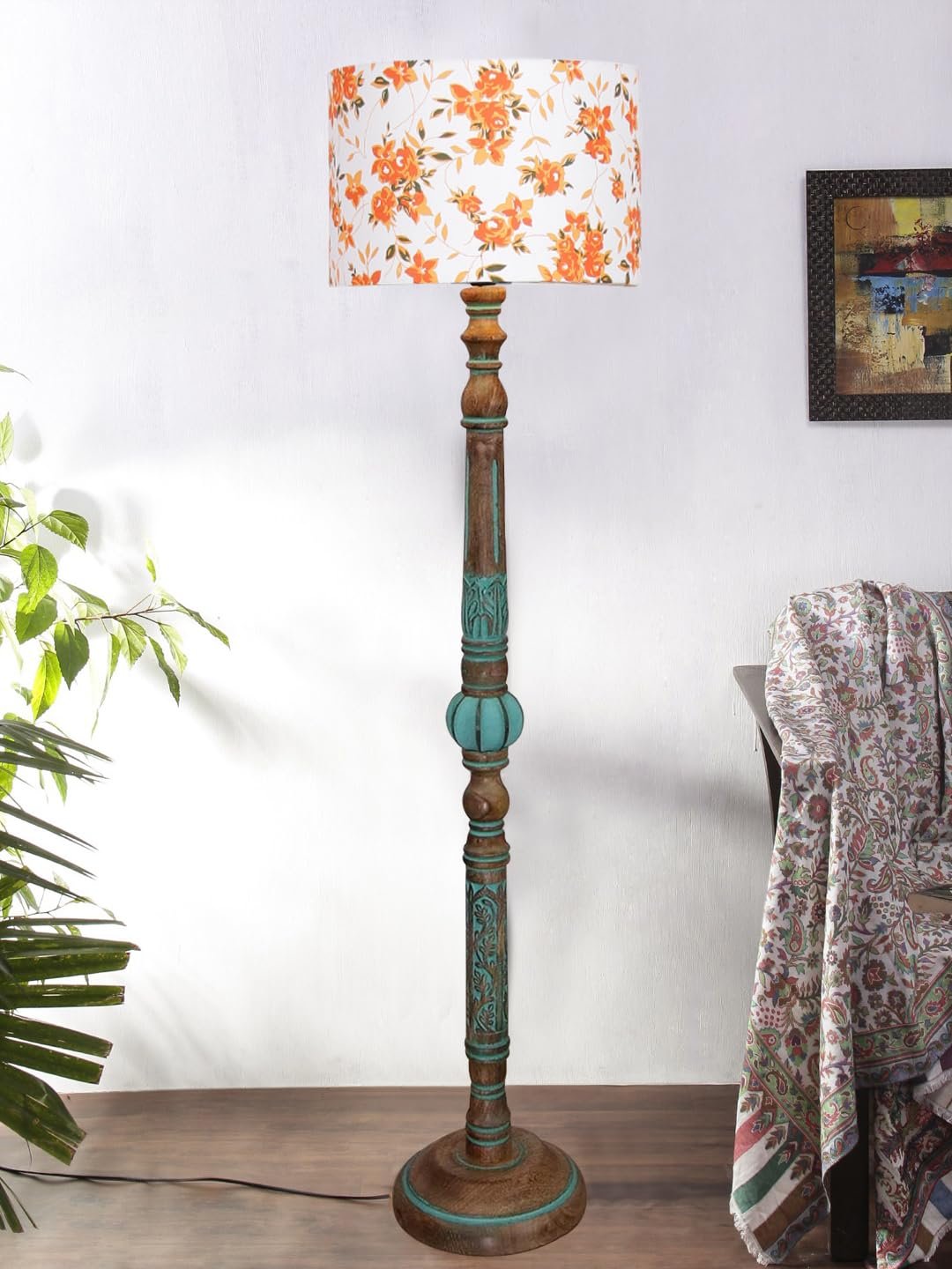 Mid Century Modern Floor Lamp,Hand Turned Floor Lamp Wood for Living Room,Stand Lamp with Fabric Lampshade for Bedroom, Study Room and Office, (Multi)-Printed-AB