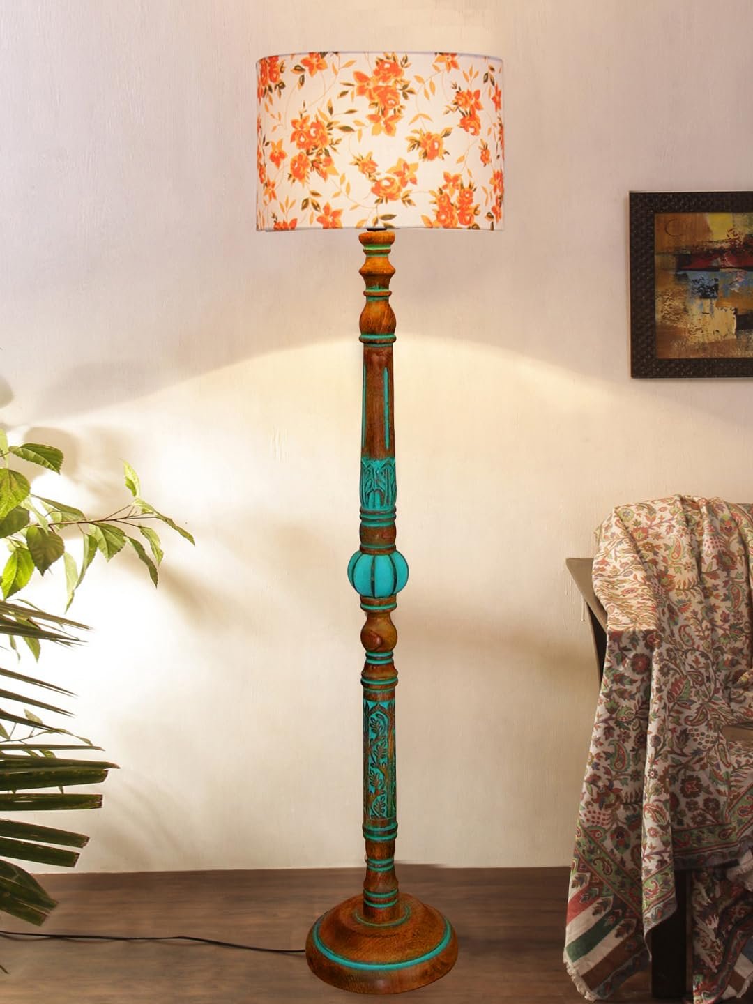 Mid Century Modern Floor Lamp,Hand Turned Floor Lamp Wood for Living Room,Stand Lamp with Fabric Lampshade for Bedroom, Study Room and Office, (Multi)-Printed-AB