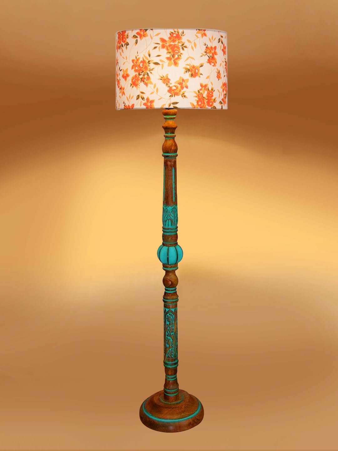 Mid Century Modern Floor Lamp,Hand Turned Floor Lamp Wood for Living Room,Stand Lamp with Fabric Lampshade for Bedroom, Study Room and Office, (Multi)-Printed-AB