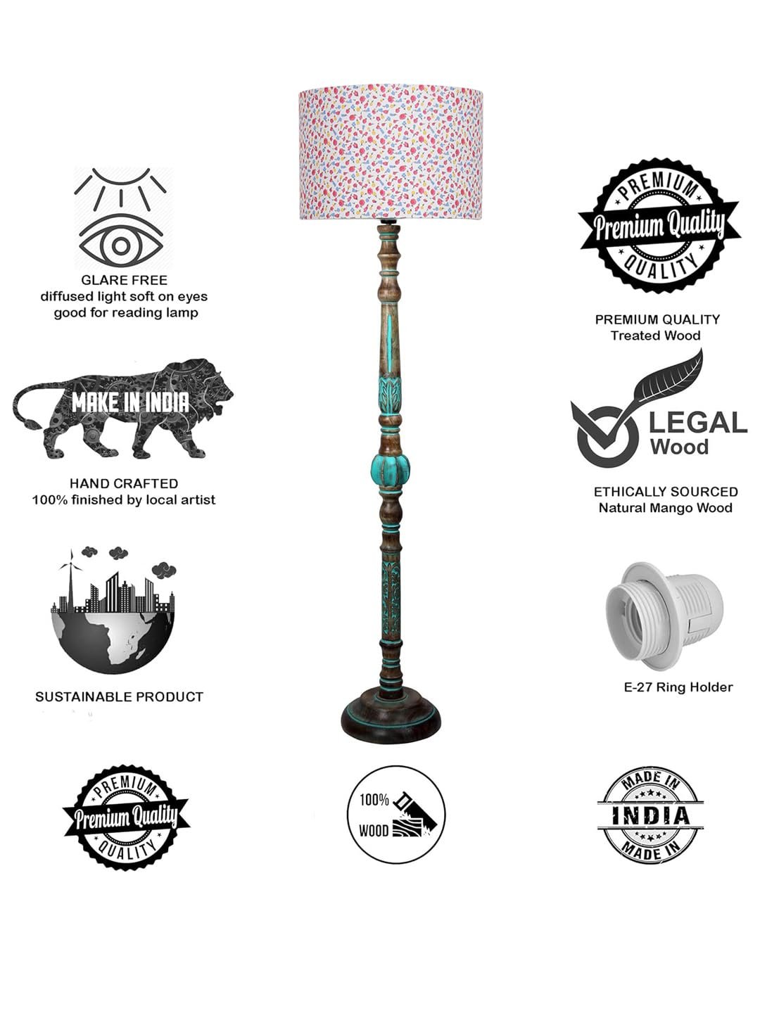 Mid Century Modern Floor Lamp,Hand Turned Floor Lamp Wood for Living Room,Stand Lamp with Fabric Lampshade for Bedroom, Study Room and Office, (Multi)-Printed-AAC