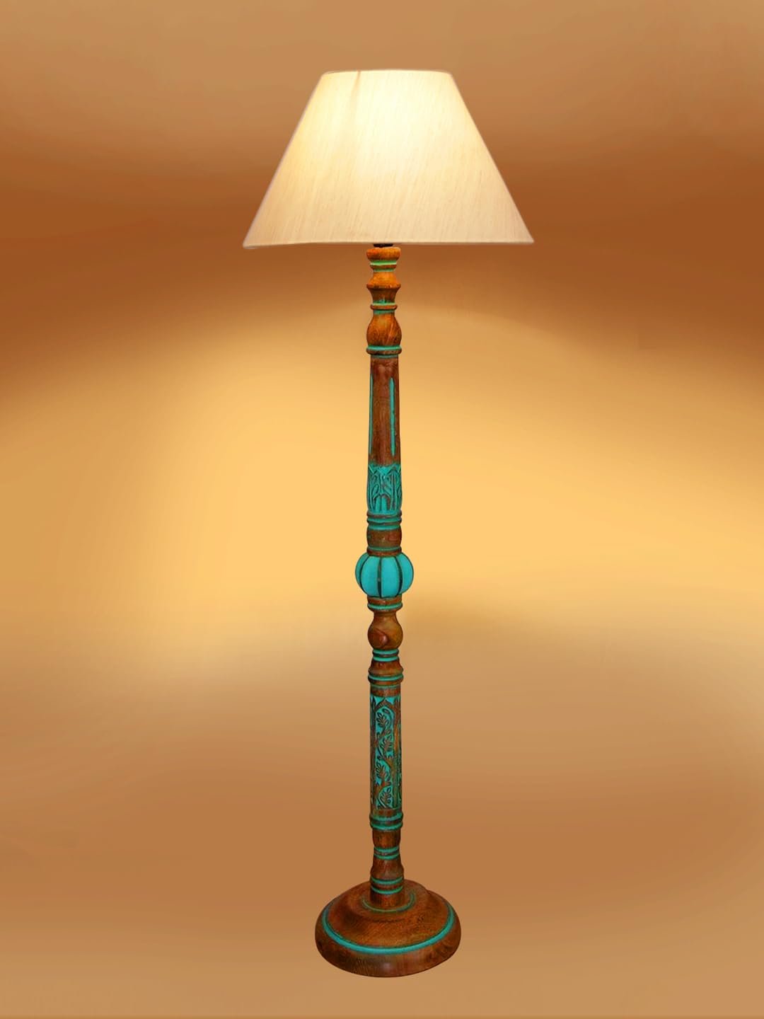 Mid Century Modern Floor Lamp,Hand Turned Floor Lamp Wood for Living Room,Stand Lamp with Fabric Lampshade for Bedroom, Study Room and Office, (Off-White)-Cotton-AAC4