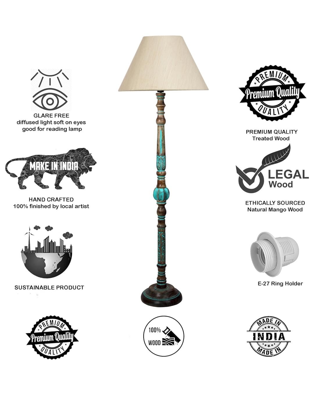 Mid Century Modern Floor Lamp,Hand Turned Floor Lamp Wood for Living Room,Stand Lamp with Fabric Lampshade for Bedroom, Study Room and Office, (Off-White)-Cotton-AAC4