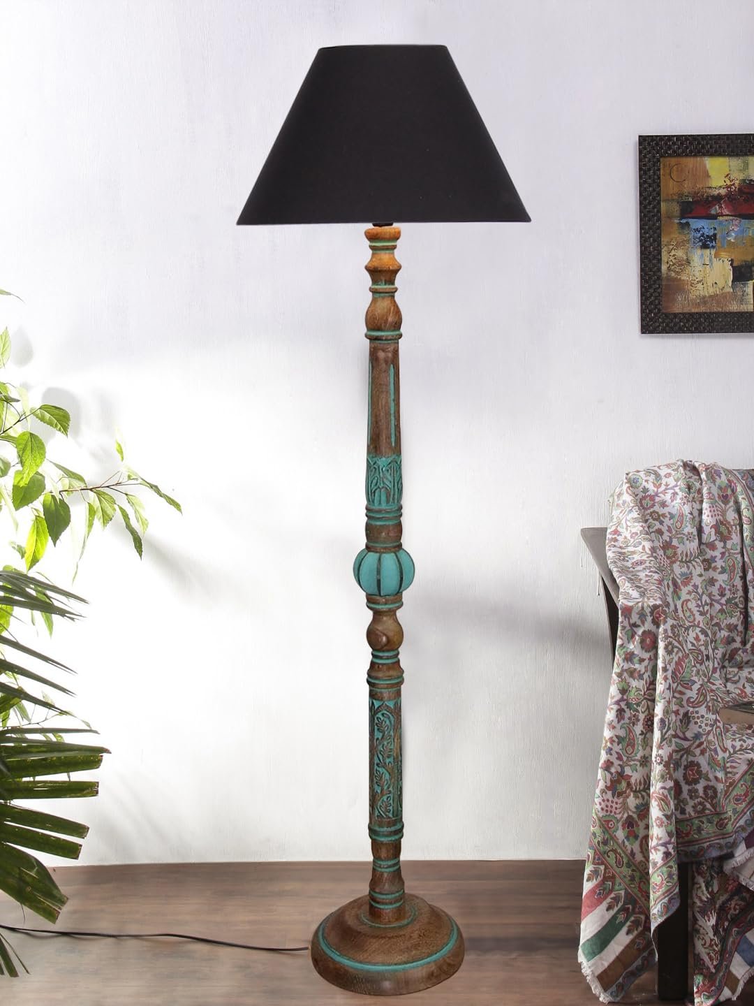 Mid Century Modern Floor Lamp,Hand Turned Floor Lamp Wood for Living Room,Stand Lamp with Fabric Lampshade for Bedroom, Study Room and Office, (Black)-Cotton-AAC5