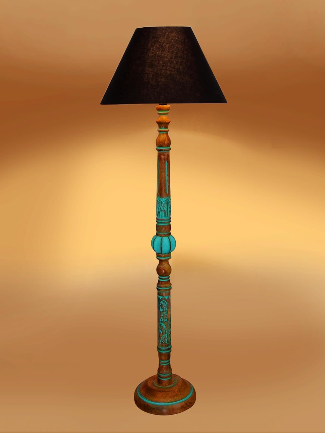 Mid Century Modern Floor Lamp,Hand Turned Floor Lamp Wood for Living Room,Stand Lamp with Fabric Lampshade for Bedroom, Study Room and Office, (Black)-Cotton-AAC5