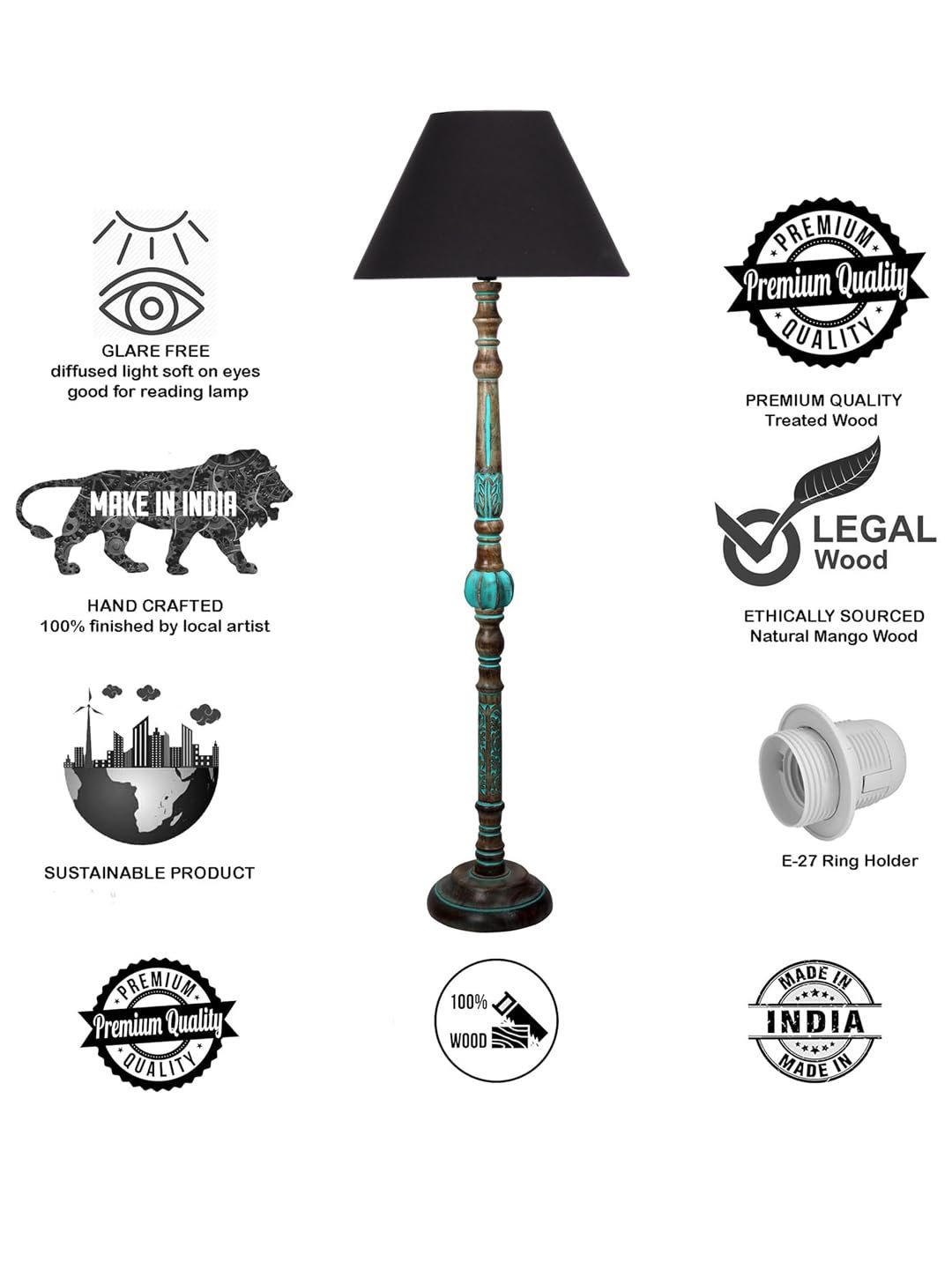 Mid Century Modern Floor Lamp,Hand Turned Floor Lamp Wood for Living Room,Stand Lamp with Fabric Lampshade for Bedroom, Study Room and Office, (Black)-Cotton-AAC5