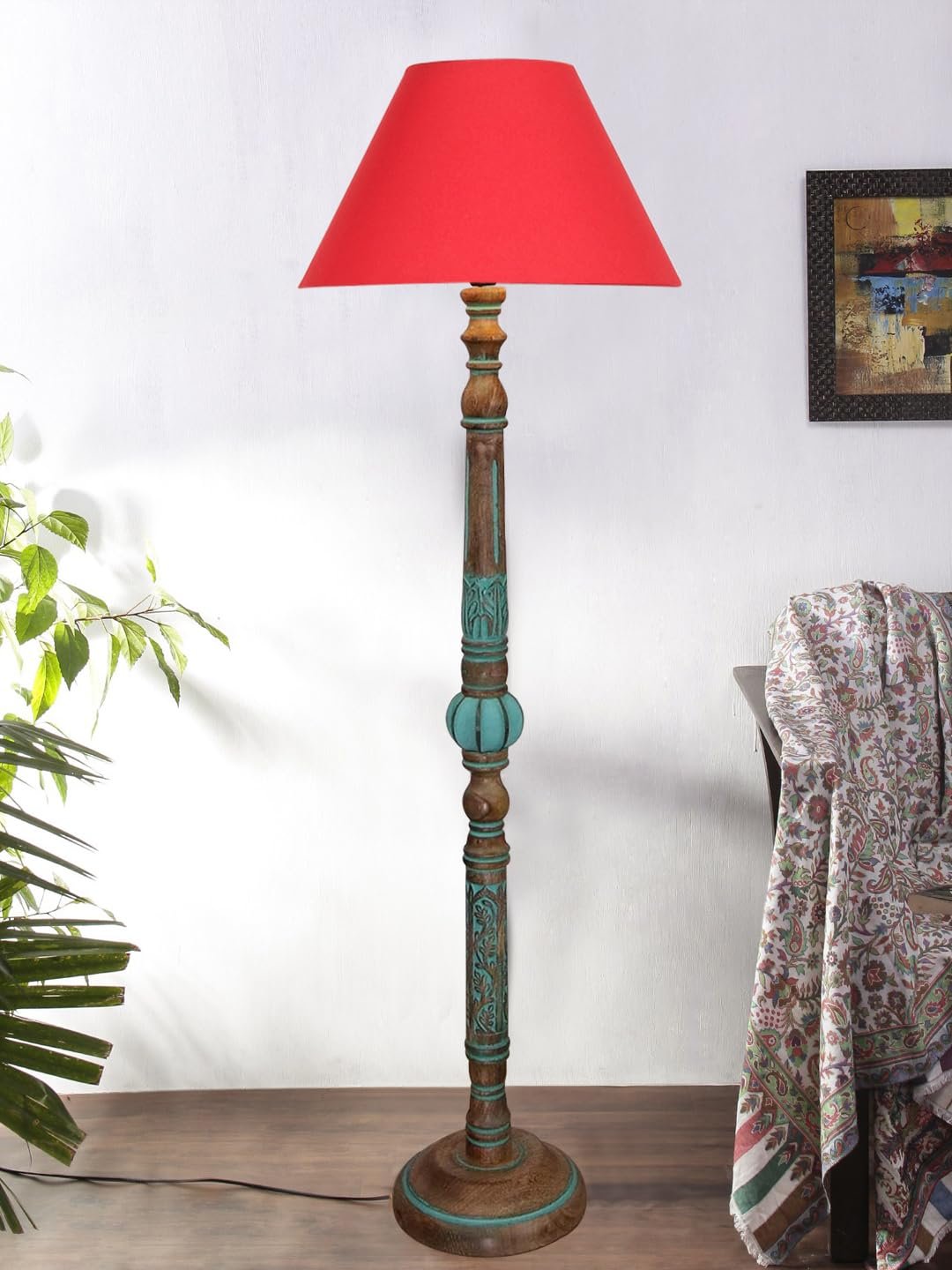 Mid Century Modern Floor Lamp,Hand Turned Floor Lamp Wood for Living Room,Stand Lamp with Fabric Lampshade for Bedroom, Study Room and Office, (RED)-Cotton-AAC6
