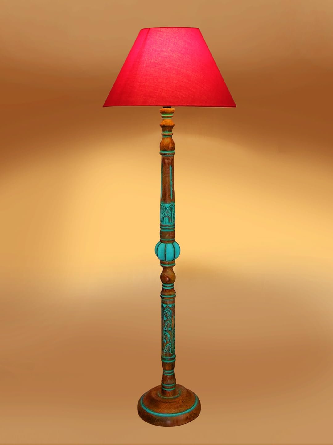 Mid Century Modern Floor Lamp,Hand Turned Floor Lamp Wood for Living Room,Stand Lamp with Fabric Lampshade for Bedroom, Study Room and Office, (RED)-Cotton-AAC6