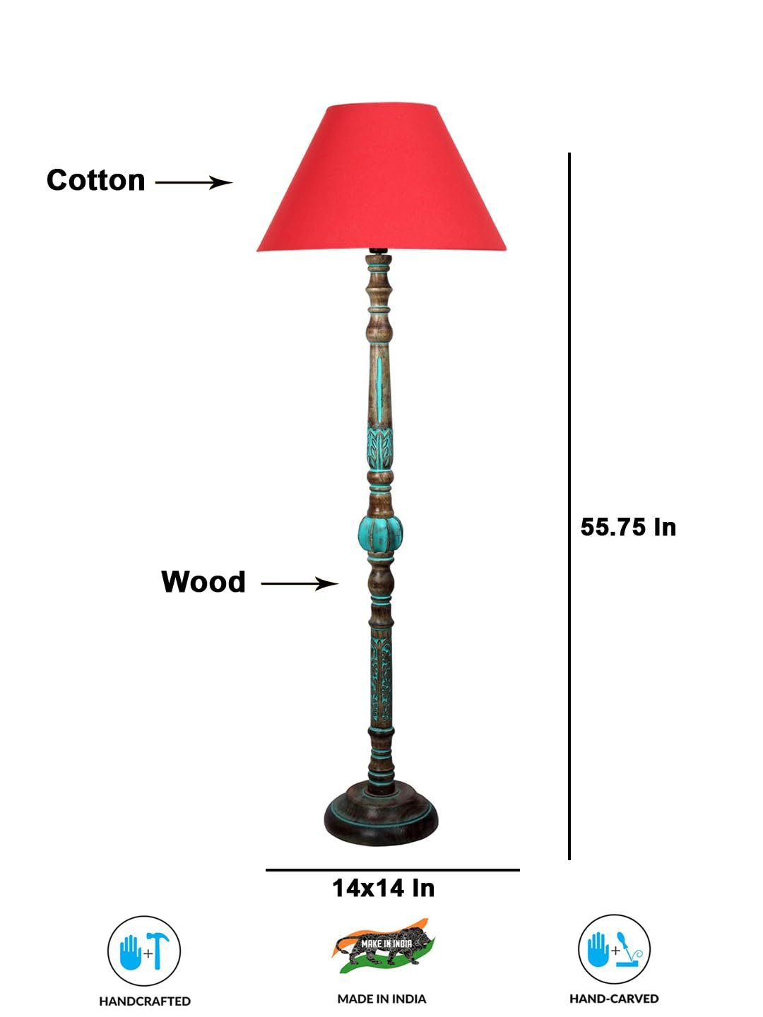 Mid Century Modern Floor Lamp,Hand Turned Floor Lamp Wood for Living Room,Stand Lamp with Fabric Lampshade for Bedroom, Study Room and Office, (RED)-Cotton-AAC6