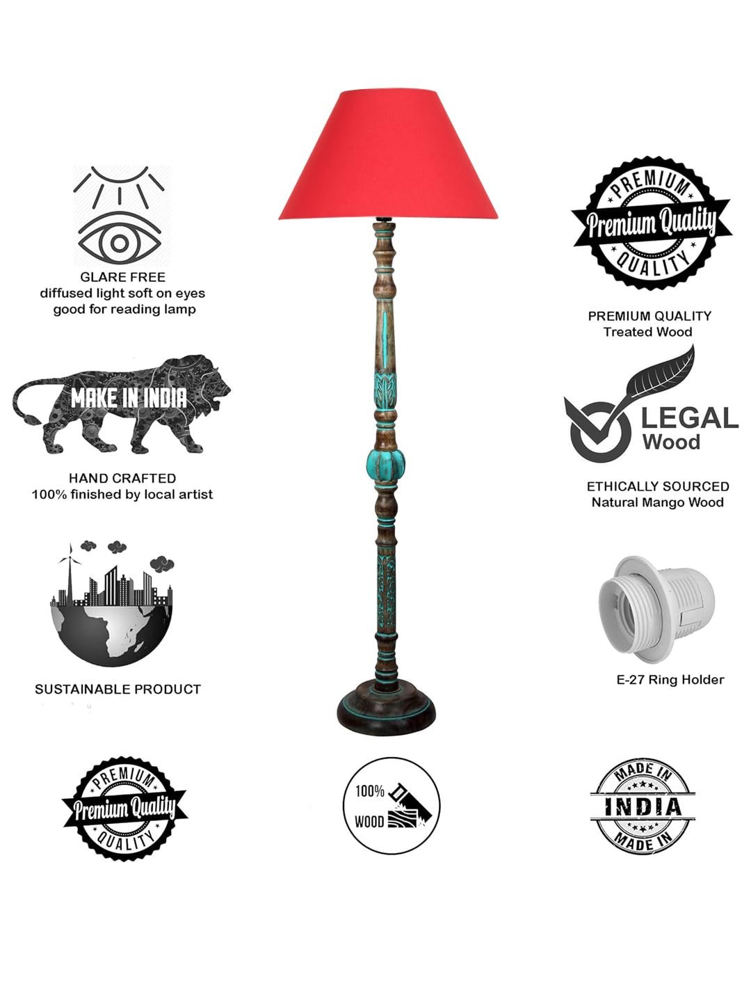 Mid Century Modern Floor Lamp,Hand Turned Floor Lamp Wood for Living Room,Stand Lamp with Fabric Lampshade for Bedroom, Study Room and Office, (RED)-Cotton-AAC6