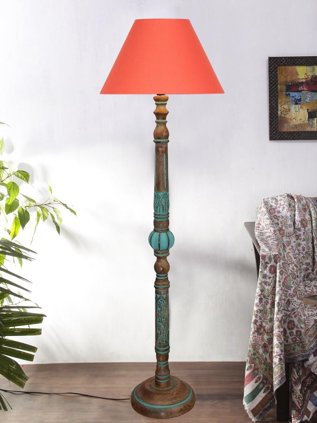 Mid Century Modern Floor Lamp,Hand Turned Floor Lamp Wood for Living Room,Stand Lamp with Fabric Lampshade for Bedroom, Study Room and Office, (Orange)-Cotton-AAC7