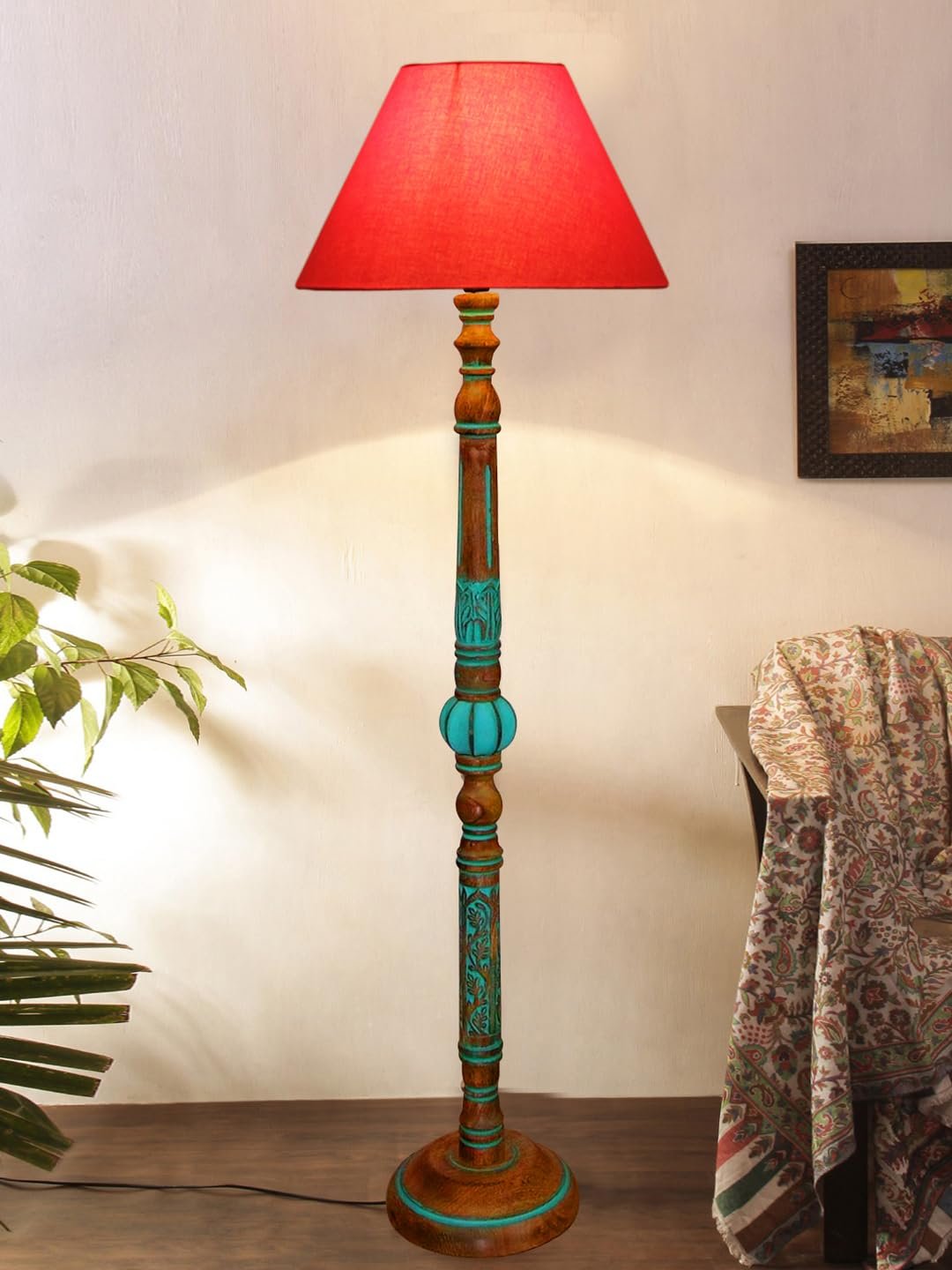 Mid Century Modern Floor Lamp,Hand Turned Floor Lamp Wood for Living Room,Stand Lamp with Fabric Lampshade for Bedroom, Study Room and Office, (Orange)-Cotton-AAC7