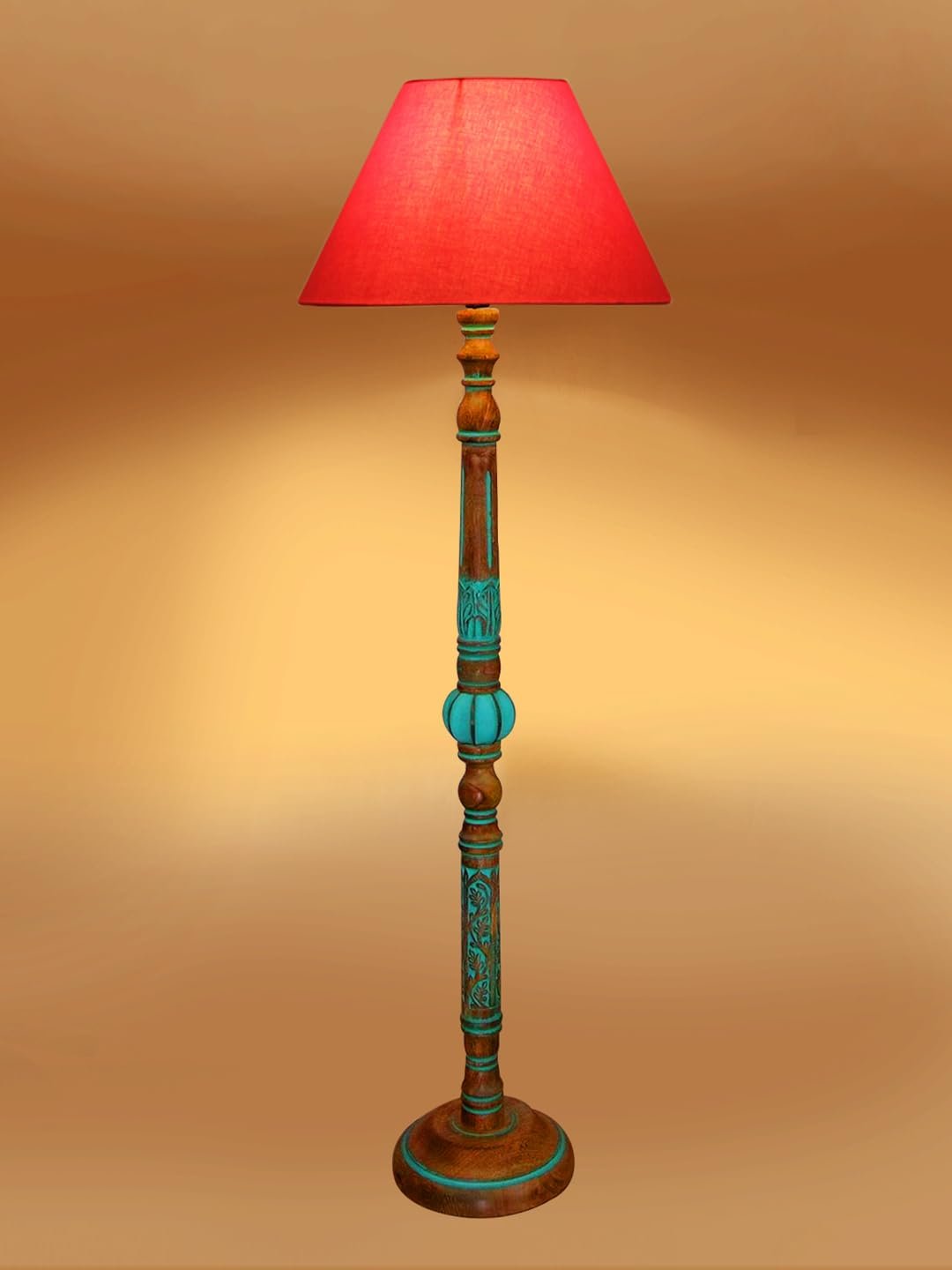Mid Century Modern Floor Lamp,Hand Turned Floor Lamp Wood for Living Room,Stand Lamp with Fabric Lampshade for Bedroom, Study Room and Office, (Orange)-Cotton-AAC7