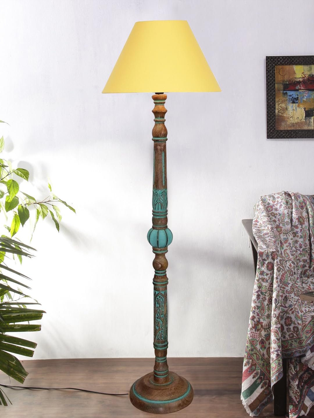 Mid Century Modern Floor Lamp,Hand Turned Floor Lamp Wood for Living Room,Stand Lamp with Fabric Lampshade for Bedroom, Study Room and Office, (Yellow)-Cotton-AAC8
