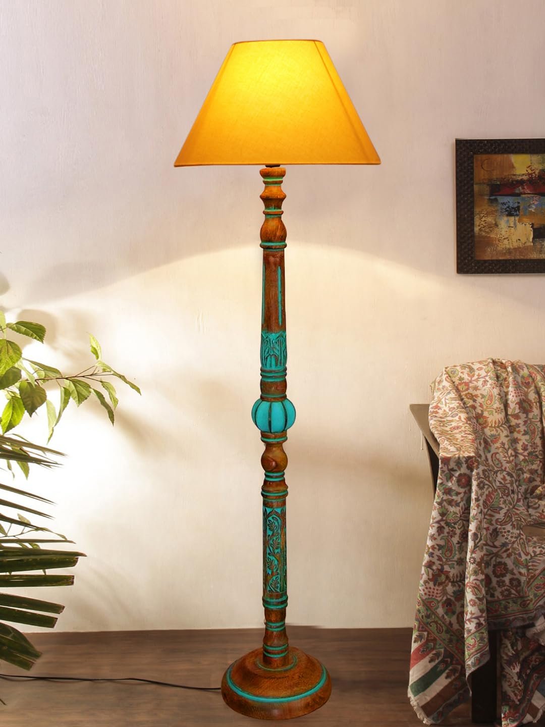 Mid Century Modern Floor Lamp,Hand Turned Floor Lamp Wood for Living Room,Stand Lamp with Fabric Lampshade for Bedroom, Study Room and Office, (Yellow)-Cotton-AAC8