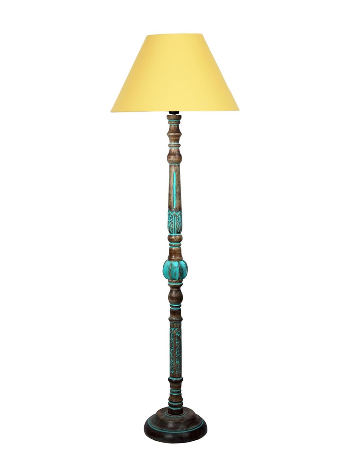 Mid Century Modern Floor Lamp,Hand Turned Floor Lamp Wood for Living Room,Stand Lamp with Fabric Lampshade for Bedroom, Study Room and Office, (Yellow)-Cotton-AAC8