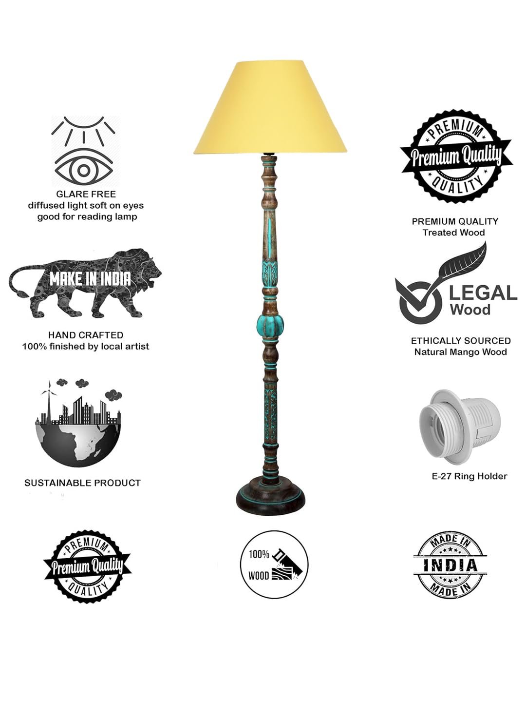 Mid Century Modern Floor Lamp,Hand Turned Floor Lamp Wood for Living Room,Stand Lamp with Fabric Lampshade for Bedroom, Study Room and Office, (Yellow)-Cotton-AAC8