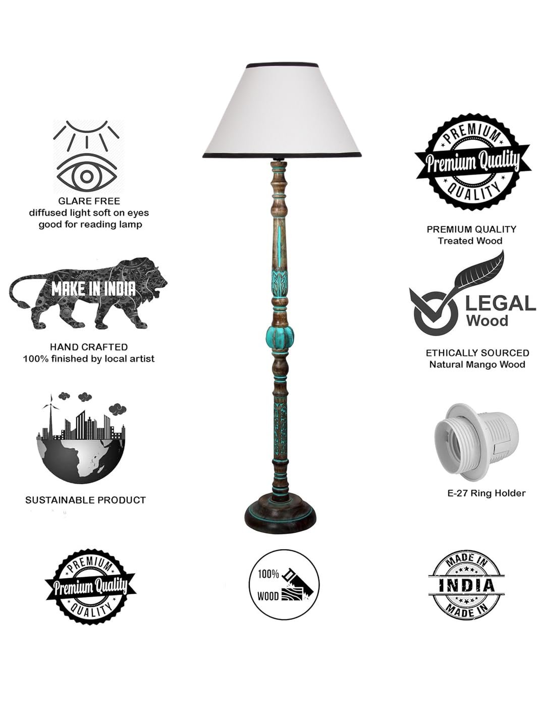 Mid Century Modern Floor Lamp,Hand Turned Floor Lamp Wood for Living Room,Stand Lamp with Fabric Lampshade for Bedroom, Study Room and Office, (White & Black)-Cotton-AAC9