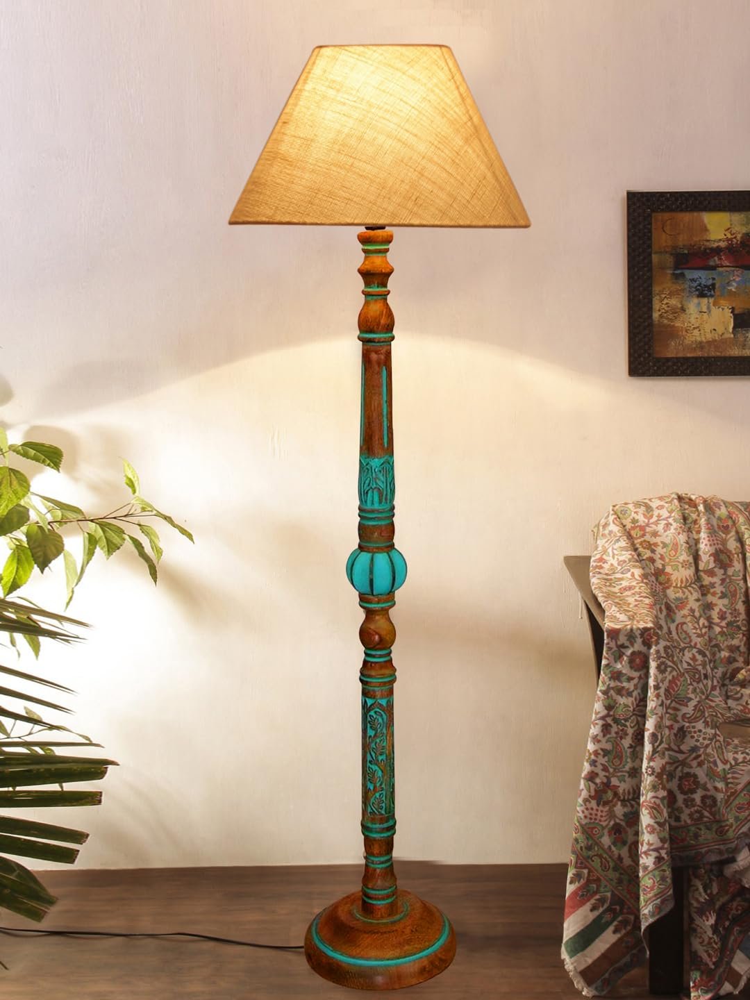 Mid Century Modern Floor Lamp,Hand Turned Floor Lamp Wood for Living Room,Stand Lamp with Fabric Lampshade for Bedroom, Study Room and Office, (White)-Jute-A2